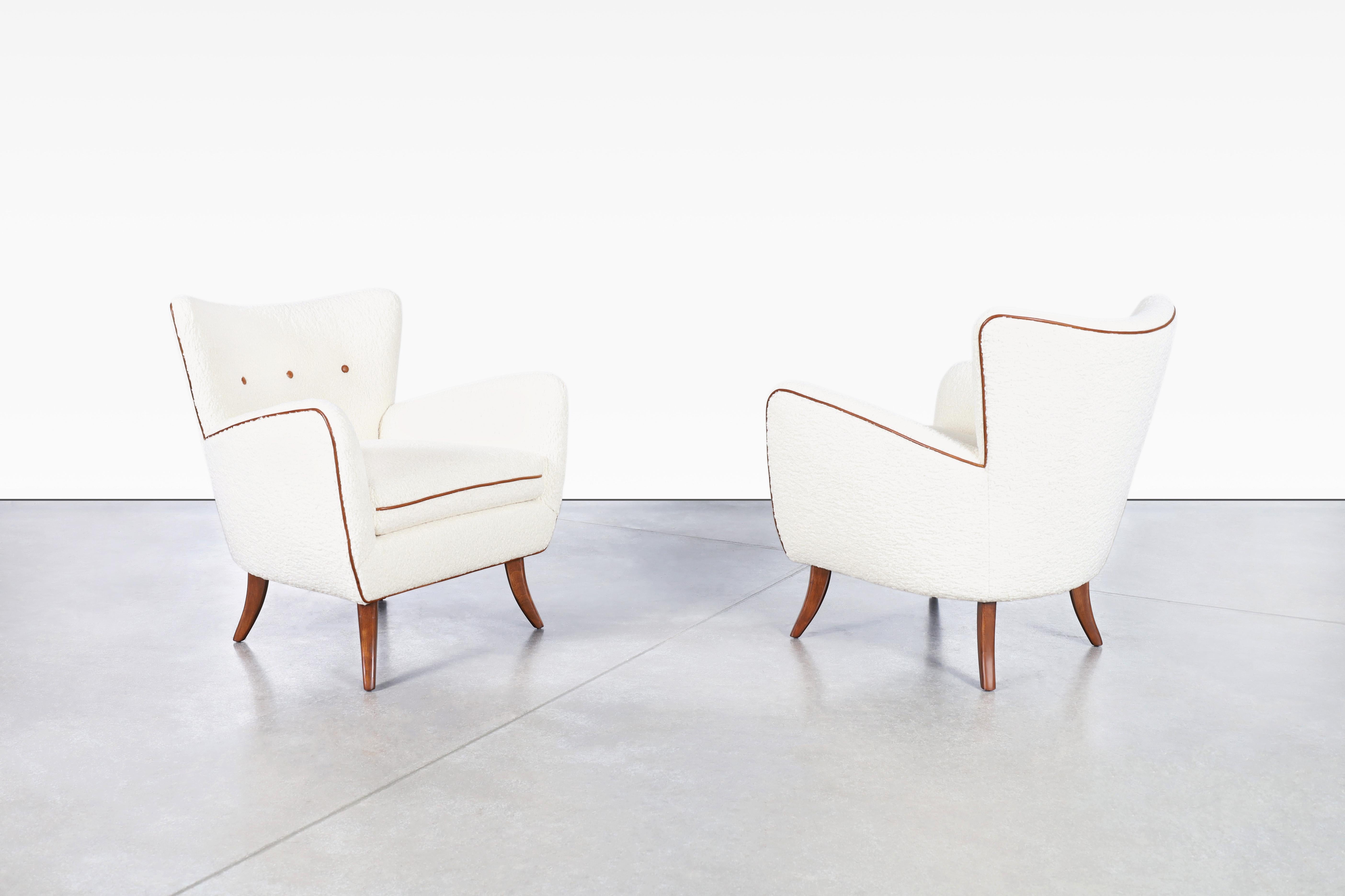 American Vintage Boucle and Walnut Lounge Chairs by Ernst Schwadron For Sale