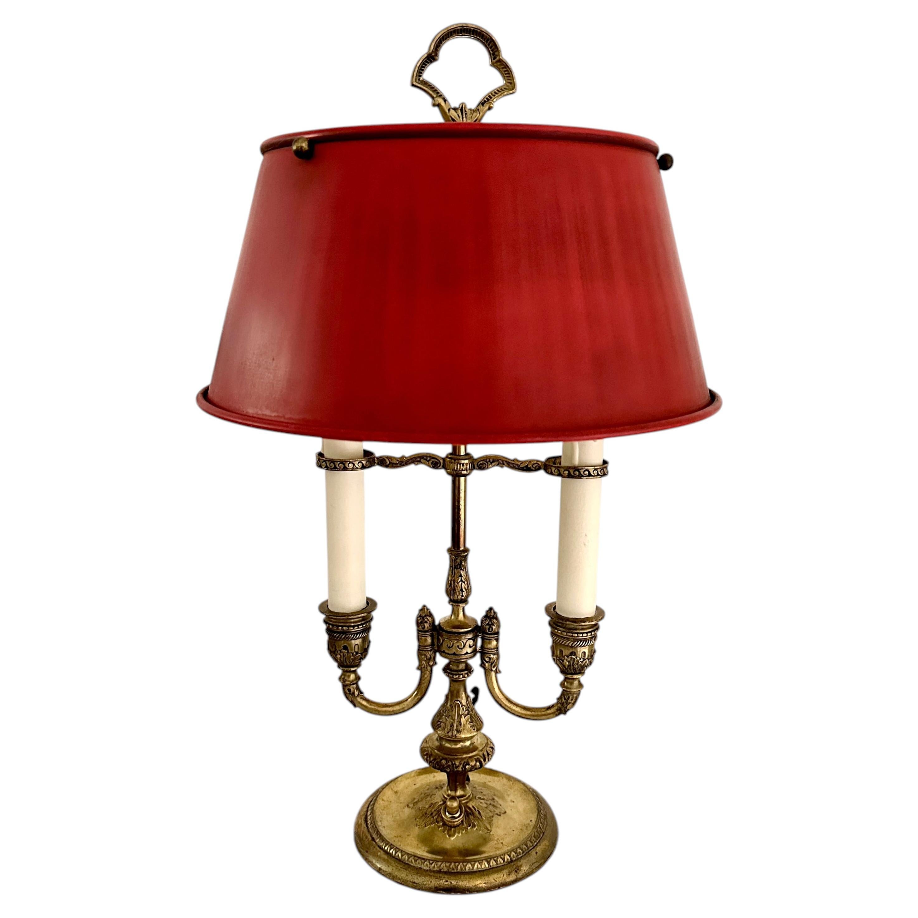 Vintage Bouillotte Style Lamp With A Pairpoint Bronze Base, Vintage Tole Shade For Sale