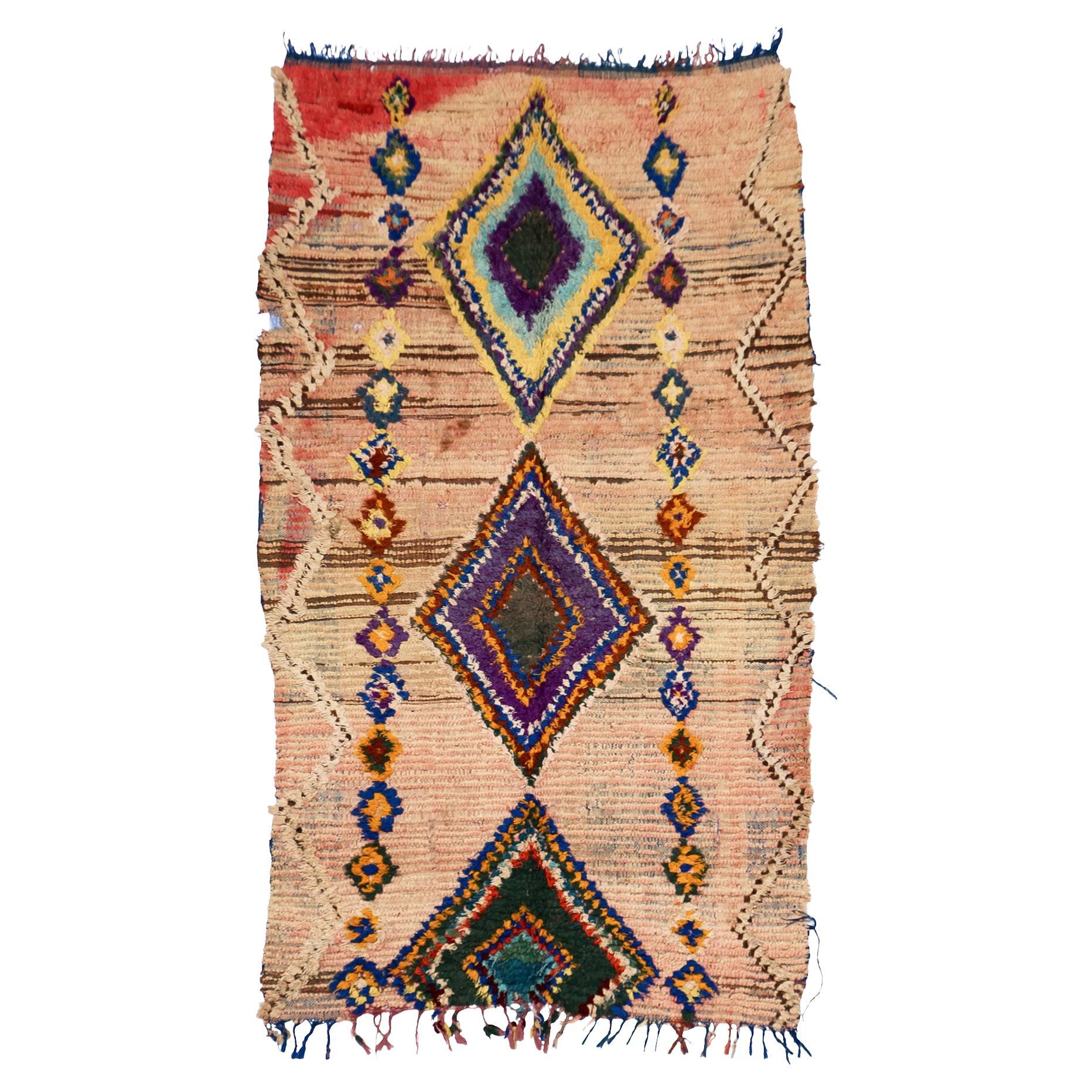 Vintage Diamond Pattern Boujaad rug 1960's, Multicolored Bohemian Rug, In Stock For Sale