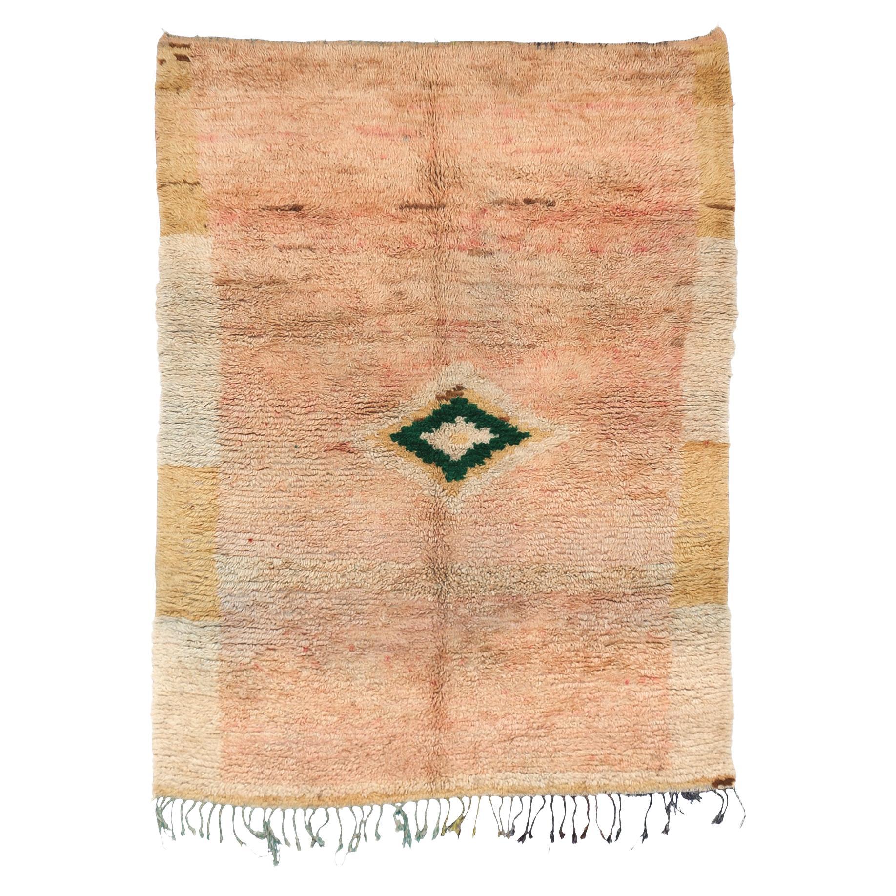 Vintage Boujaad Moroccan rug 1980's, Peach Color Rug With Green Rhomb, In Stock