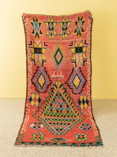 Vintage Boujad Moroccan Berber Rug traditional apricot red green yellow