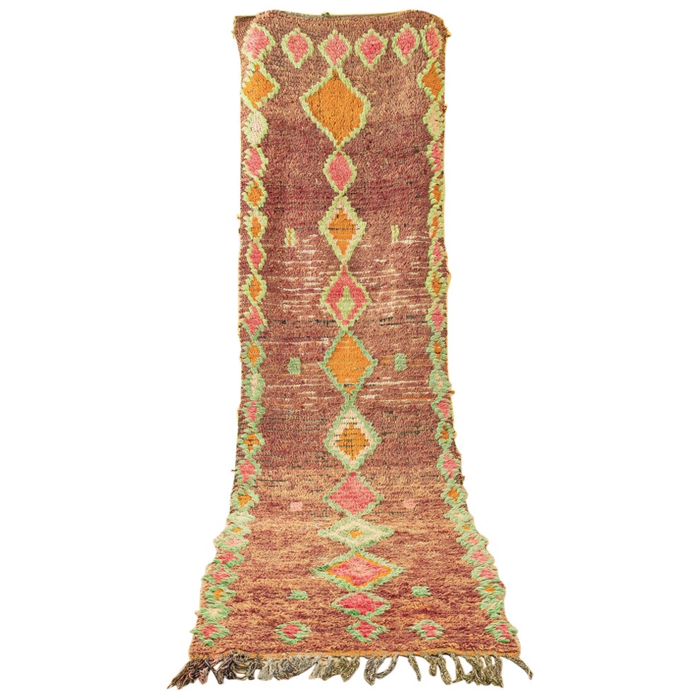 Vintage Boujad Berber Rug Middle Atlas Mountains Runner brown green For Sale