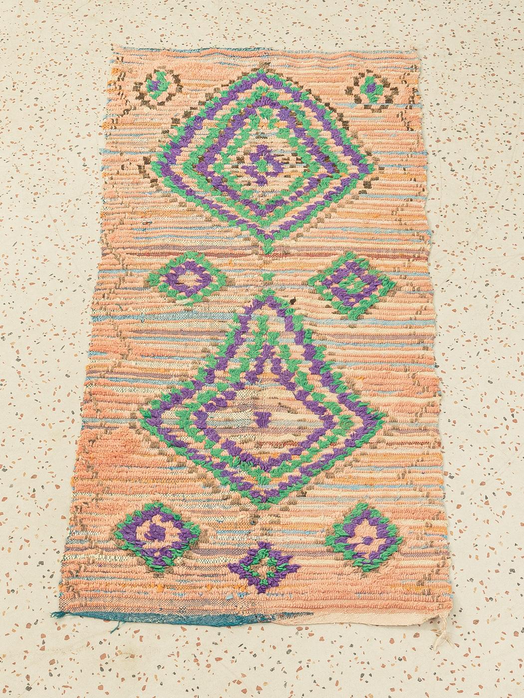 Hand-Woven Vintage Boujad Berber Rug Moroccan Middle Atlas Mountains Orange Green Purple For Sale