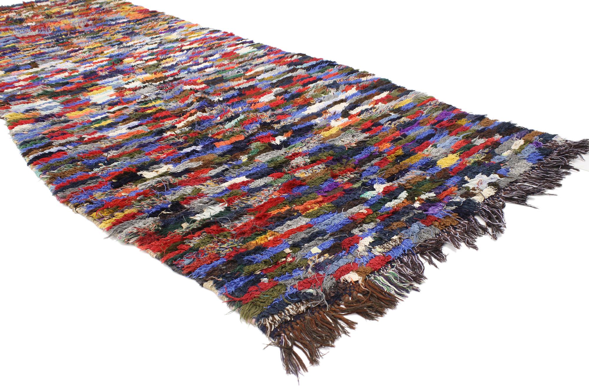20581 Vintage Boucherouite Boujad Moroccan Rag Rug, 03'00 x 08'06. Celebrate the vibrant spirit of Boujad Boucherouite rugs, originating from the lively city of Boujad in the Khouribga region. These Moroccan rugs are cherished for their eccentric