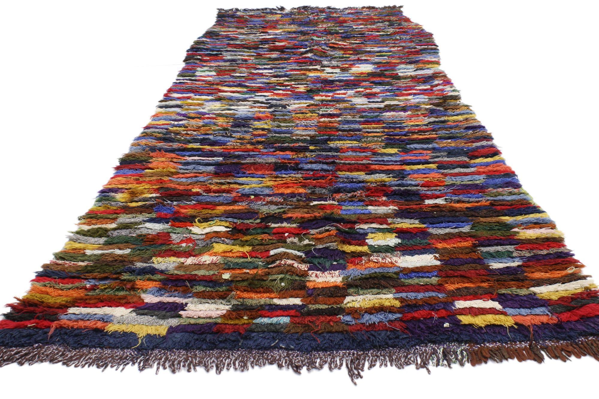 Hand-Knotted Vintage Boujad Boucherouite Moroccan Rug, Boho Chic Meets Sustainable Design For Sale