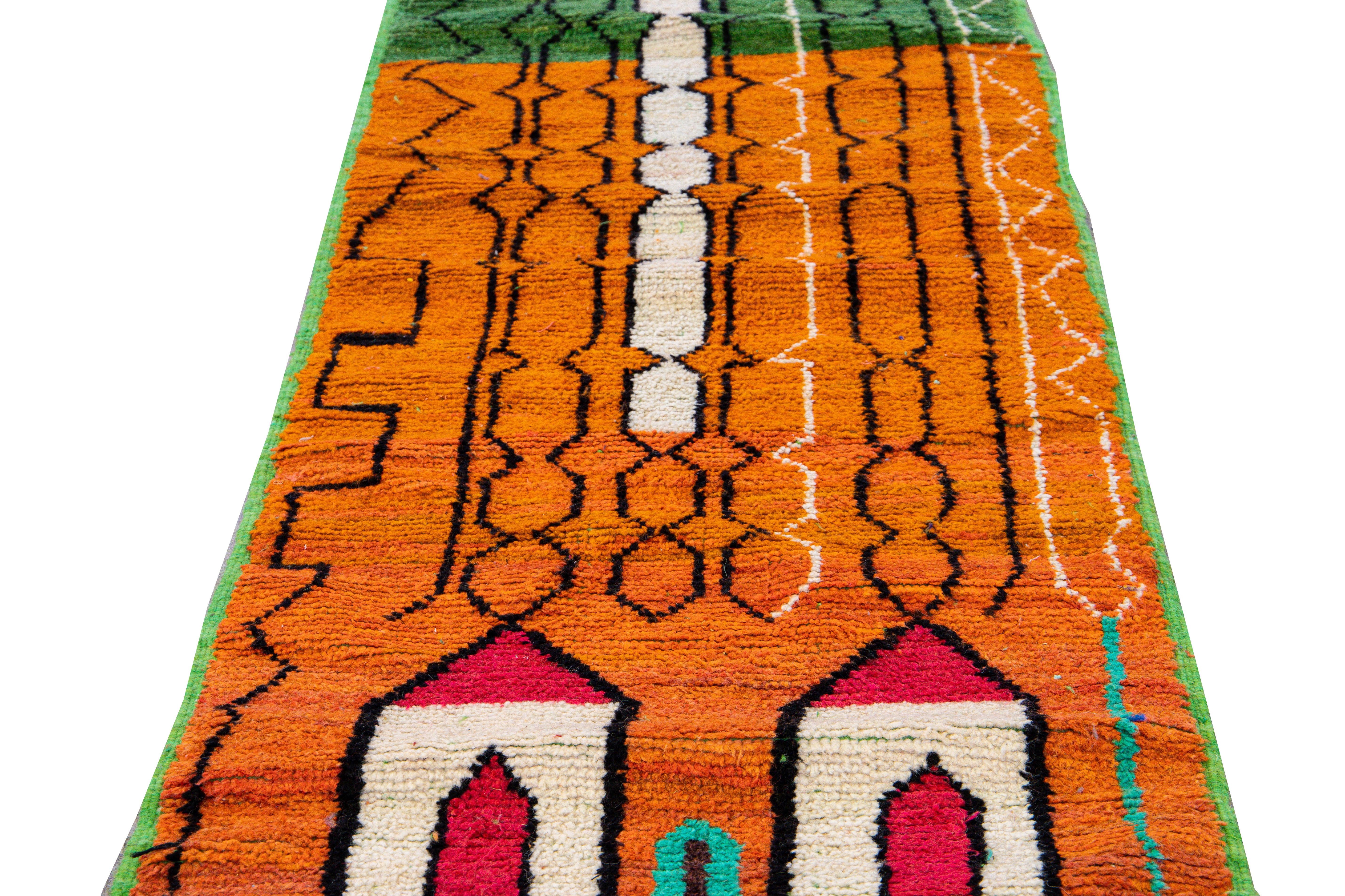 Mid-Century Modern Vintage Boujad Moroccan Green and Orange Handmade Geometric Berber Wool Runner