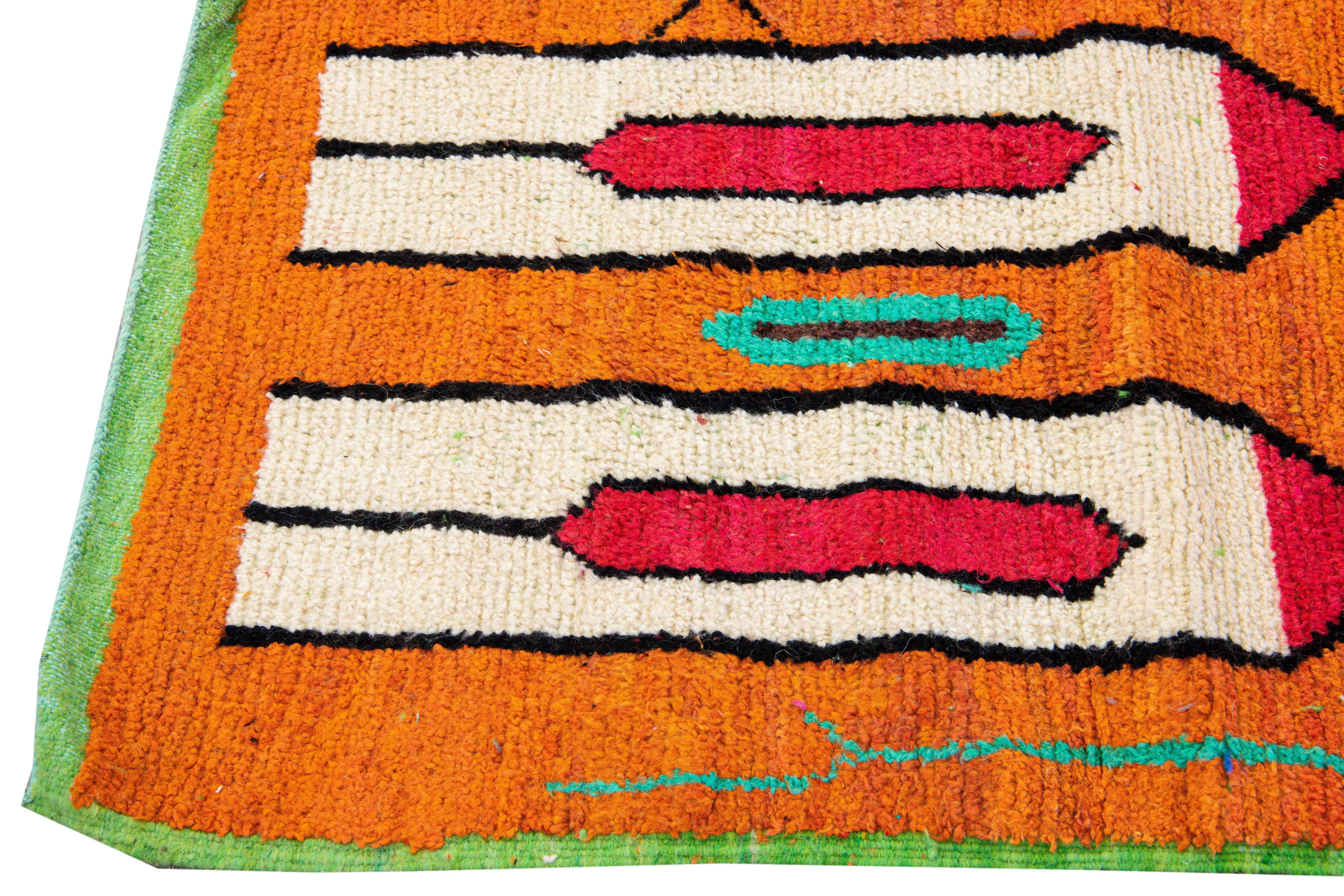 Hand-Knotted Vintage Boujad Moroccan Green and Orange Handmade Geometric Berber Wool Runner