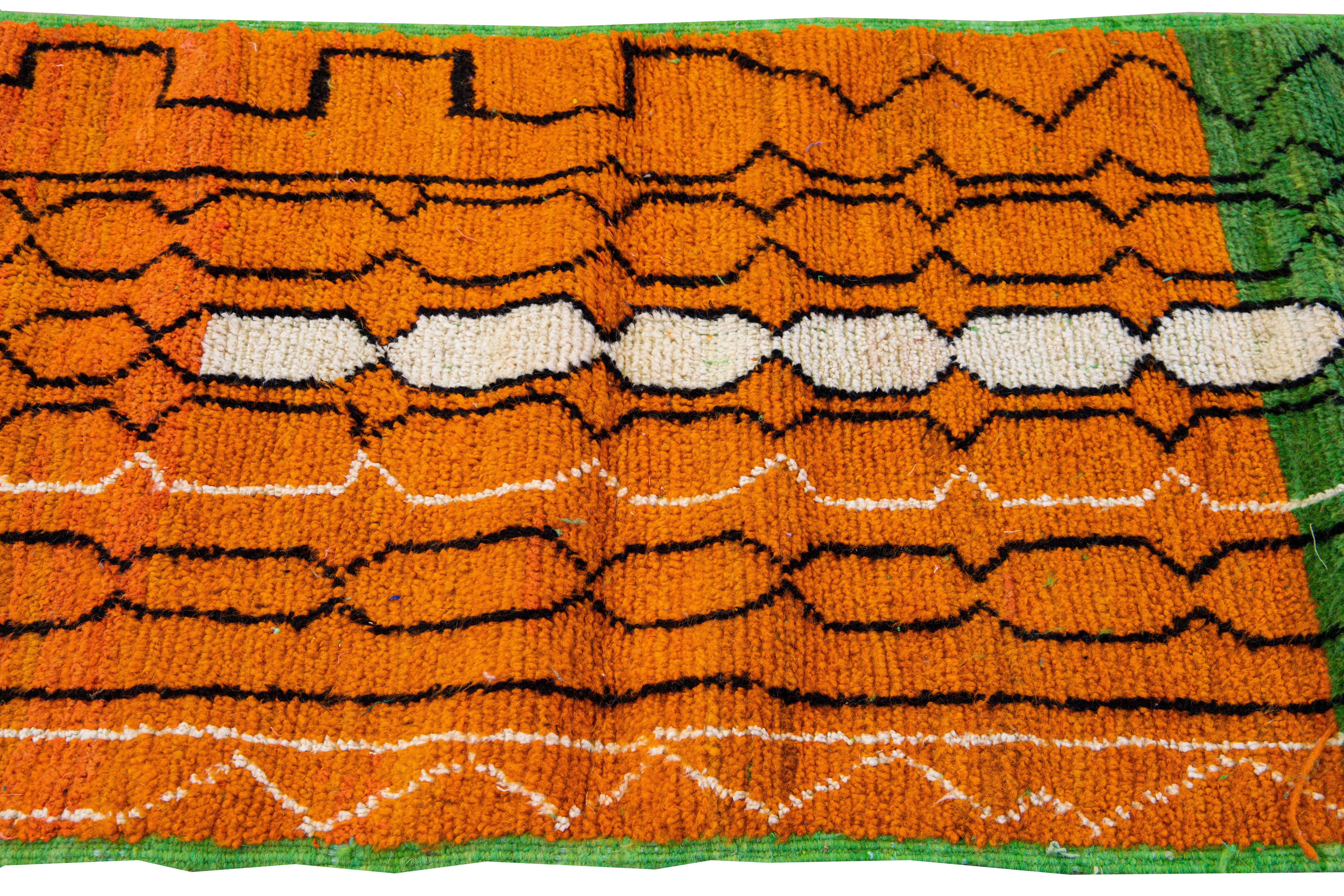 20th Century Vintage Boujad Moroccan Green and Orange Handmade Geometric Berber Wool Runner