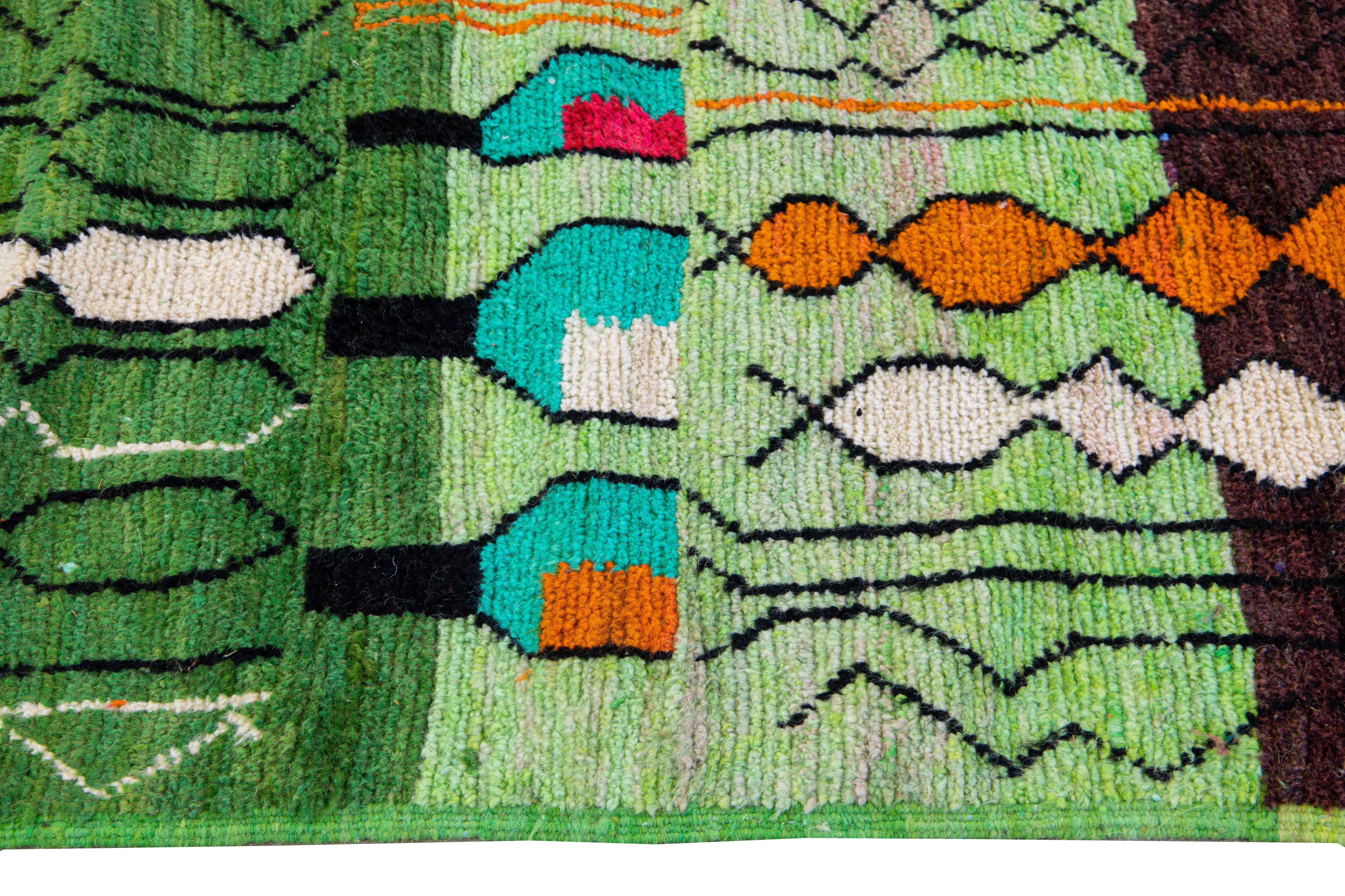 Vintage Boujad Moroccan Green and Orange Handmade Geometric Berber Wool Runner 1