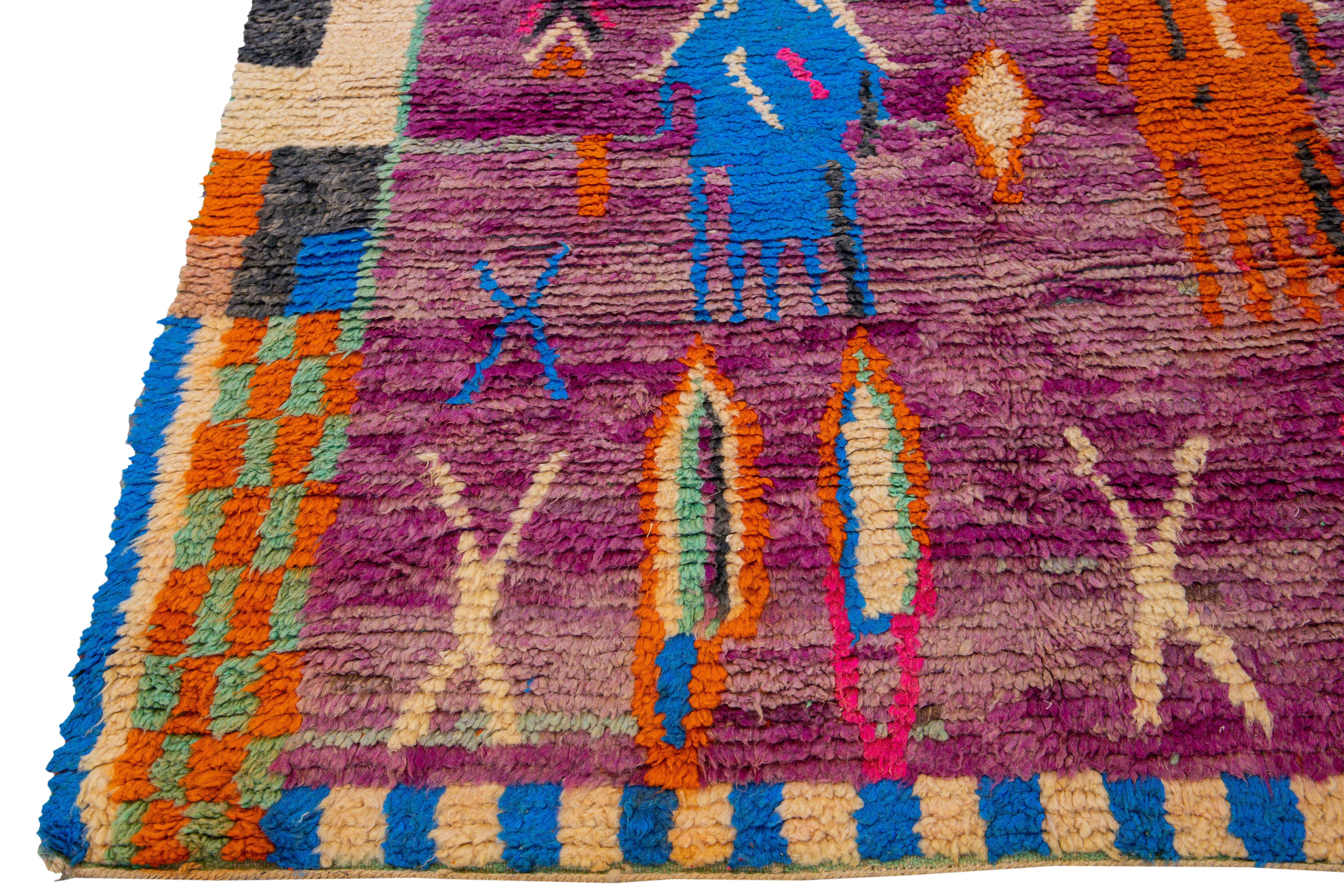 Vintage Boujad Moroccan Handmade Designed Berber Purple Wool Rug For Sale 5