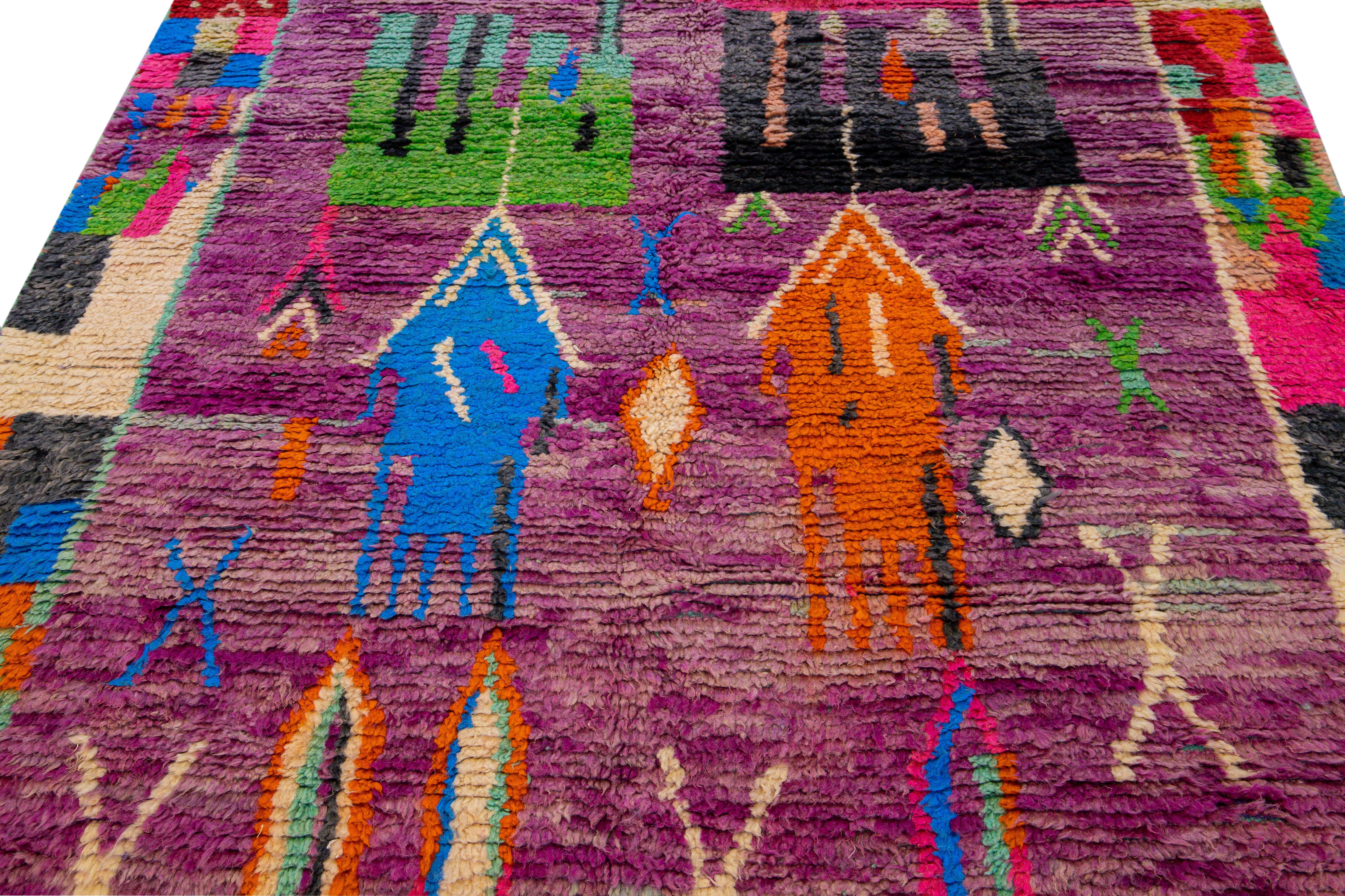 Bohemian Vintage Boujad Moroccan Handmade Designed Berber Purple Wool Rug For Sale