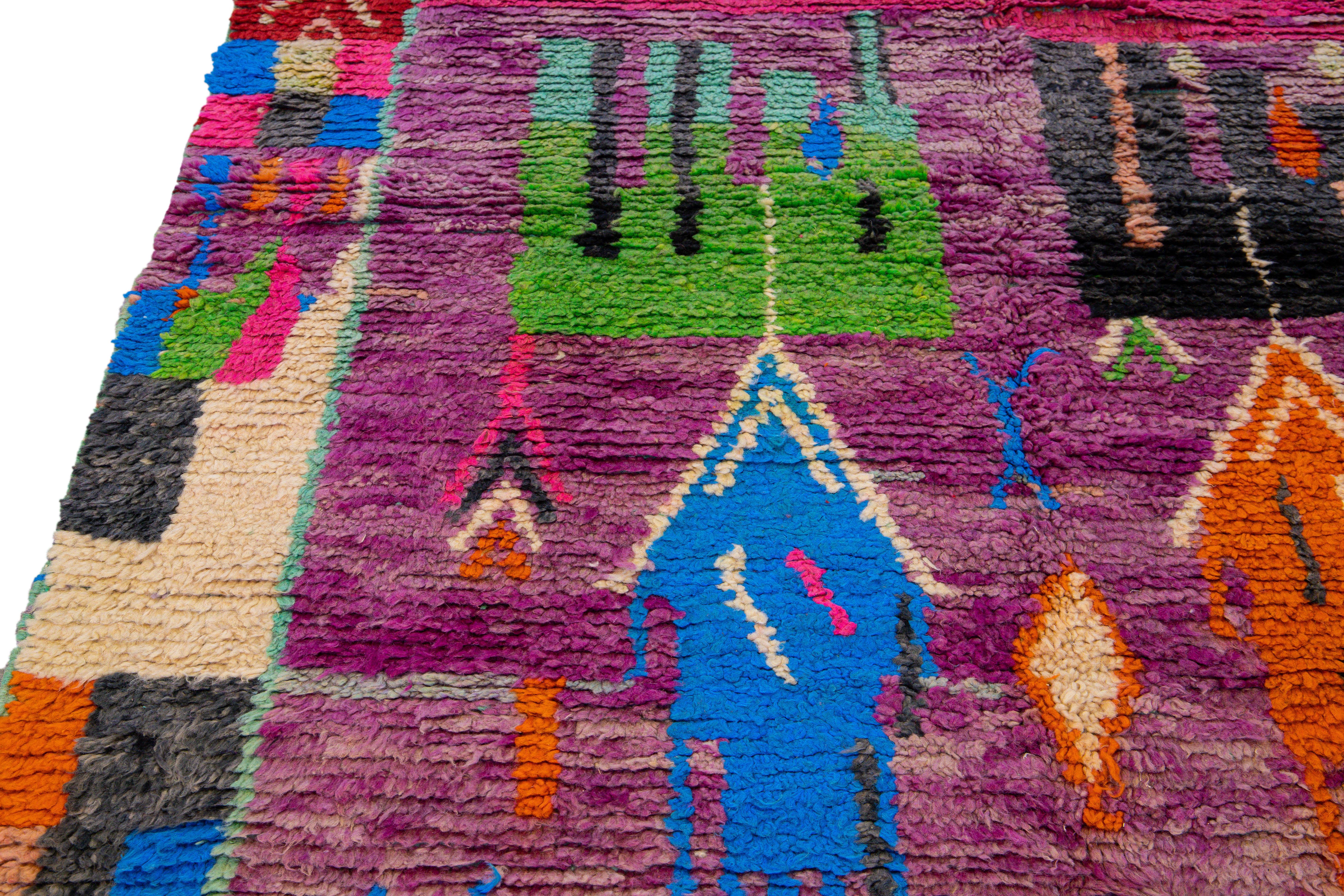 Vintage Boujad Moroccan Handmade Designed Berber Purple Wool Rug For Sale 1