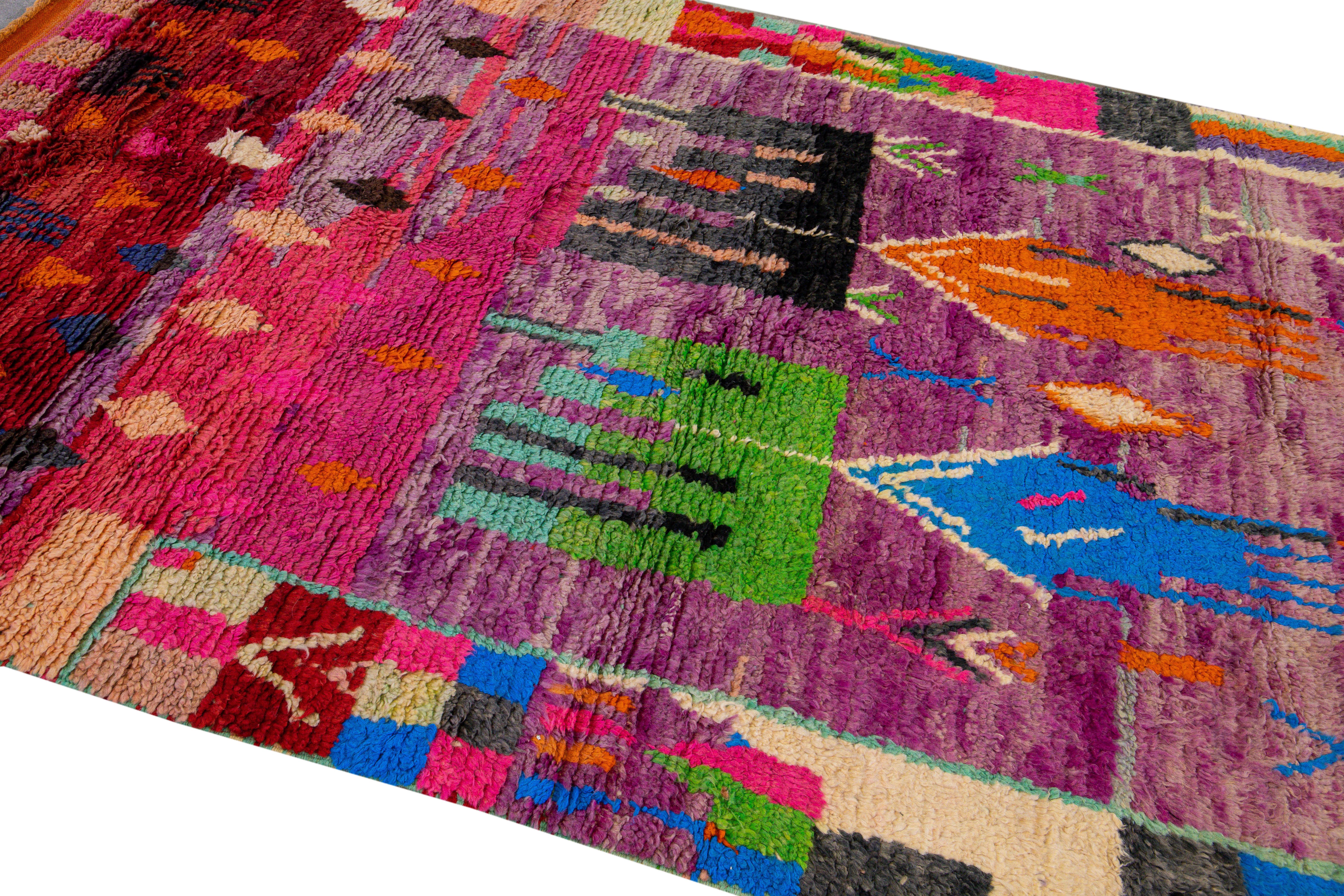 Vintage Boujad Moroccan Handmade Designed Berber Purple Wool Rug For Sale 2