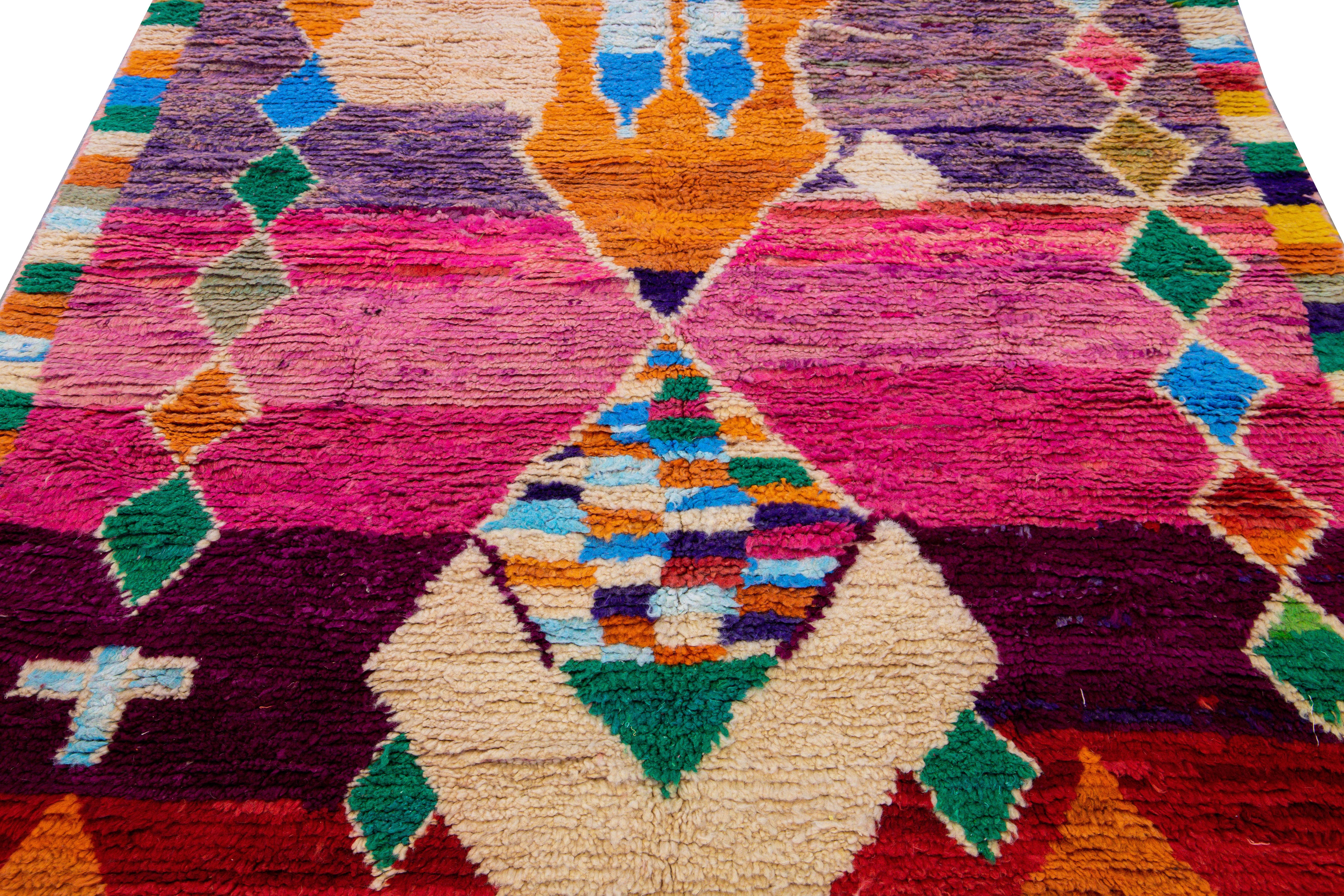 Bohemian Vintage Boujad Moroccan Handmade Geometric Multicolor Berber Wool Rug For Sale