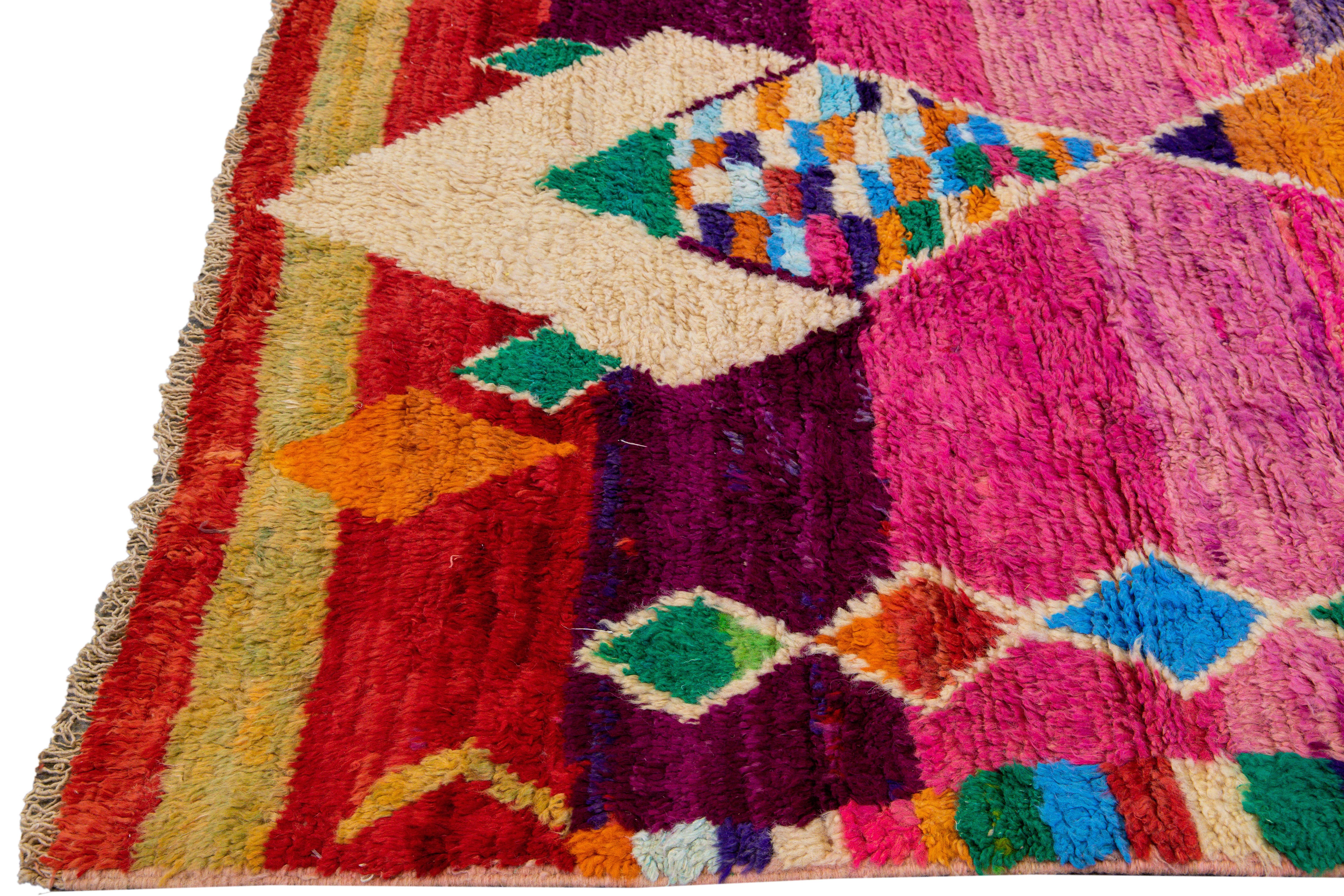 Hand-Knotted Vintage Boujad Moroccan Handmade Geometric Multicolor Berber Wool Rug For Sale