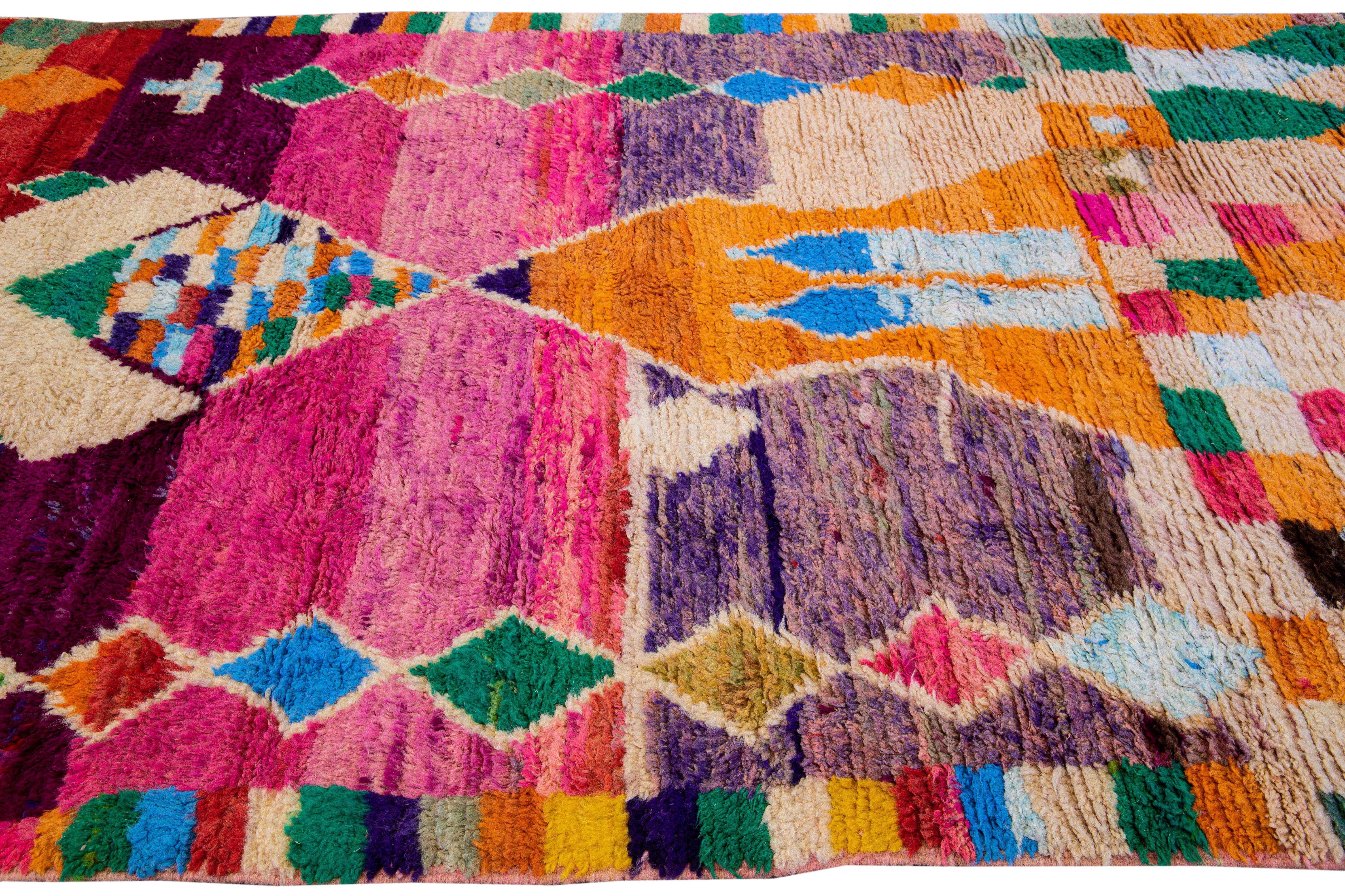 20th Century Vintage Boujad Moroccan Handmade Geometric Multicolor Berber Wool Rug For Sale