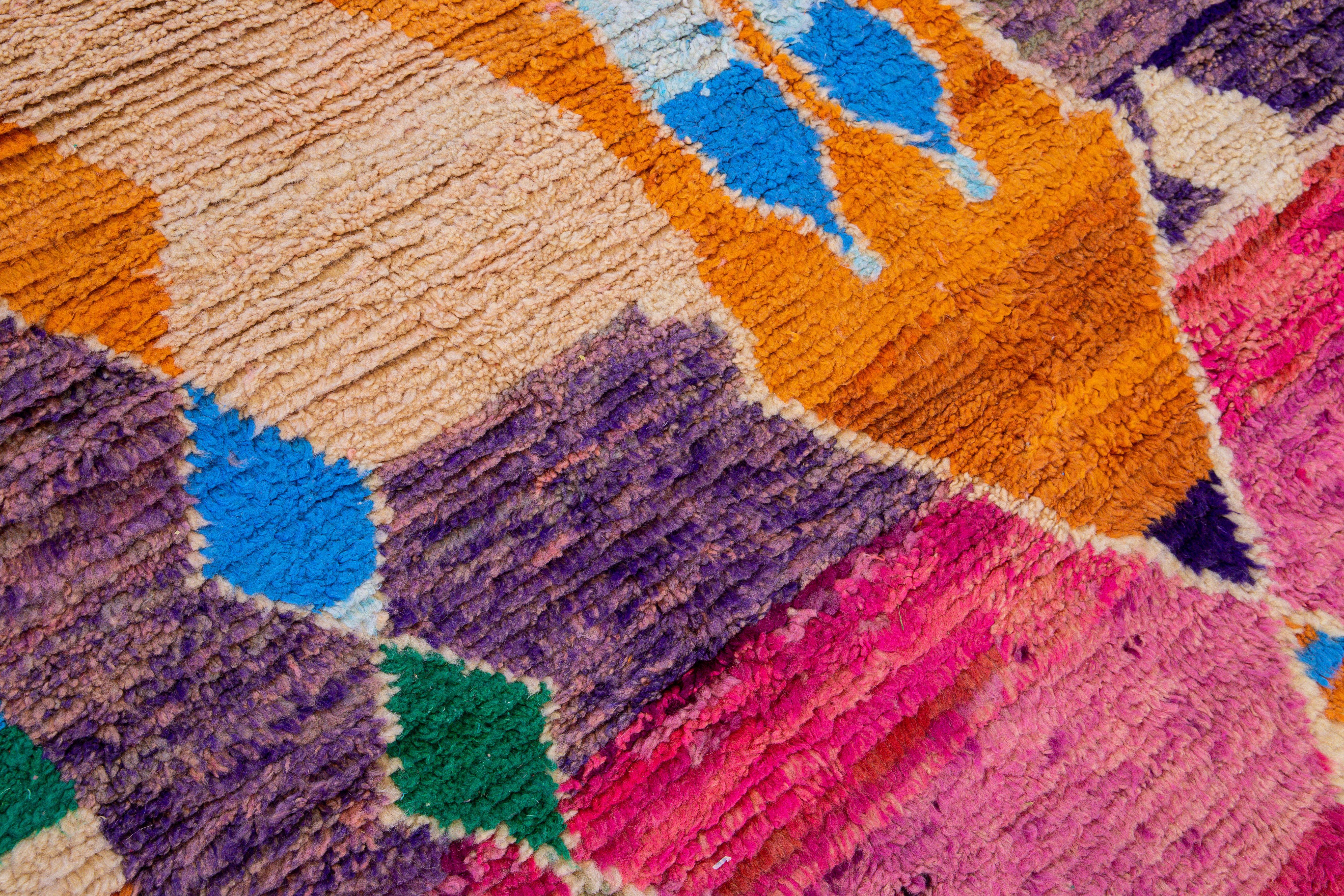 Vintage Boujad Moroccan Handmade Geometric Multicolor Berber Wool Rug For Sale 1
