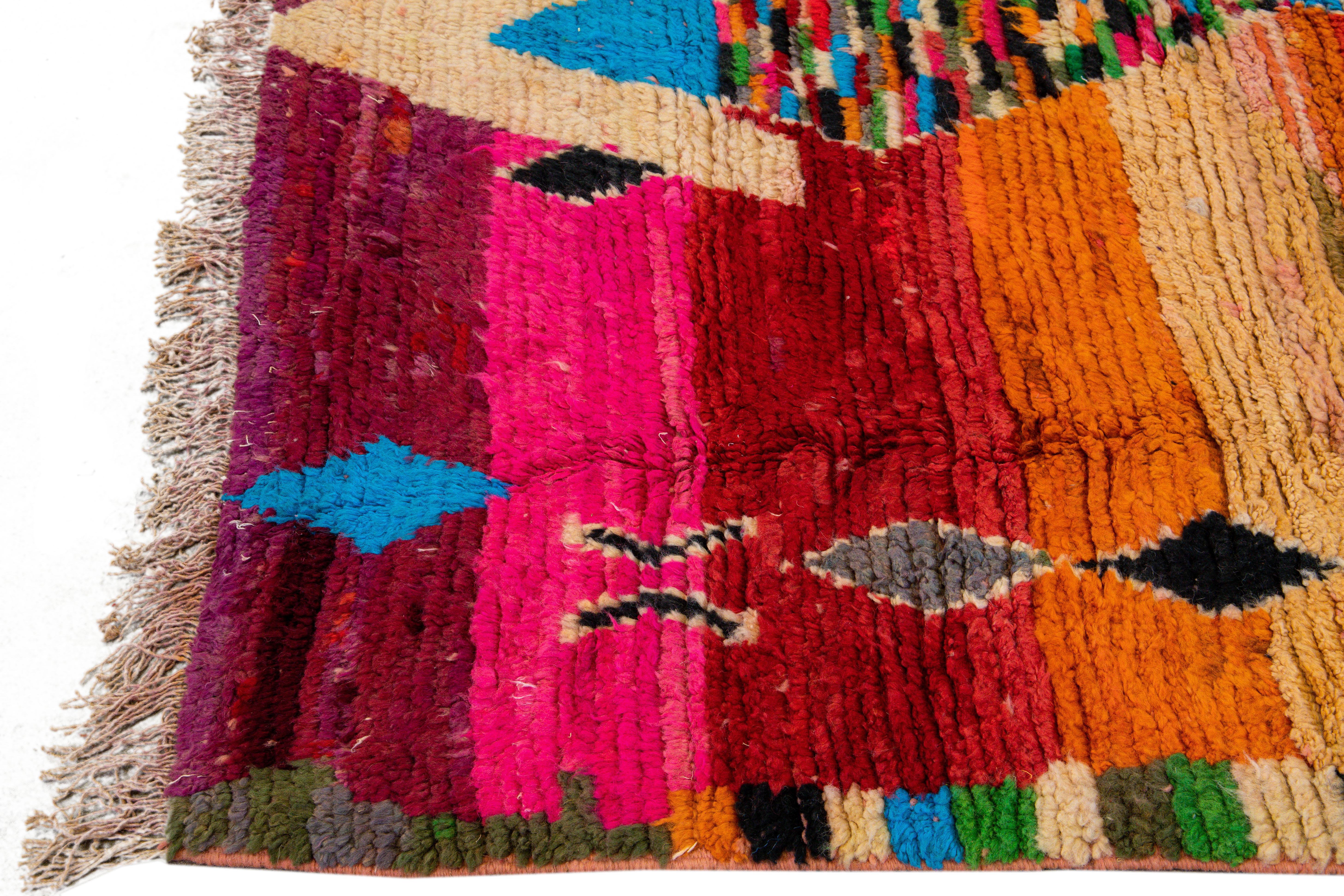 Bohemian Vintage Boujad Moroccan Handmade Multicolor Berber Wool Rug For Sale