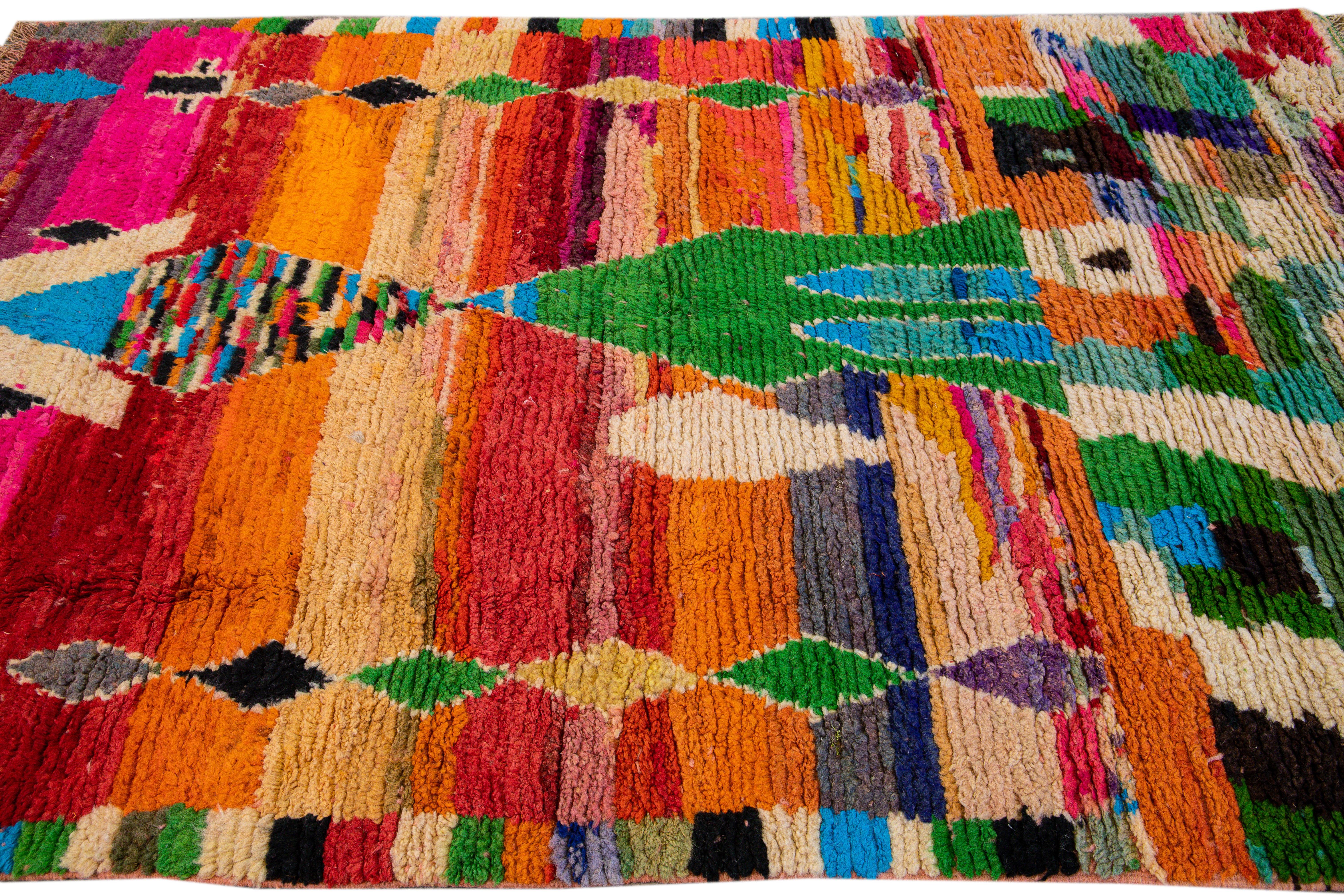 Vintage Boujad Moroccan Handmade Multicolor Berber Wool Rug In Excellent Condition For Sale In Norwalk, CT