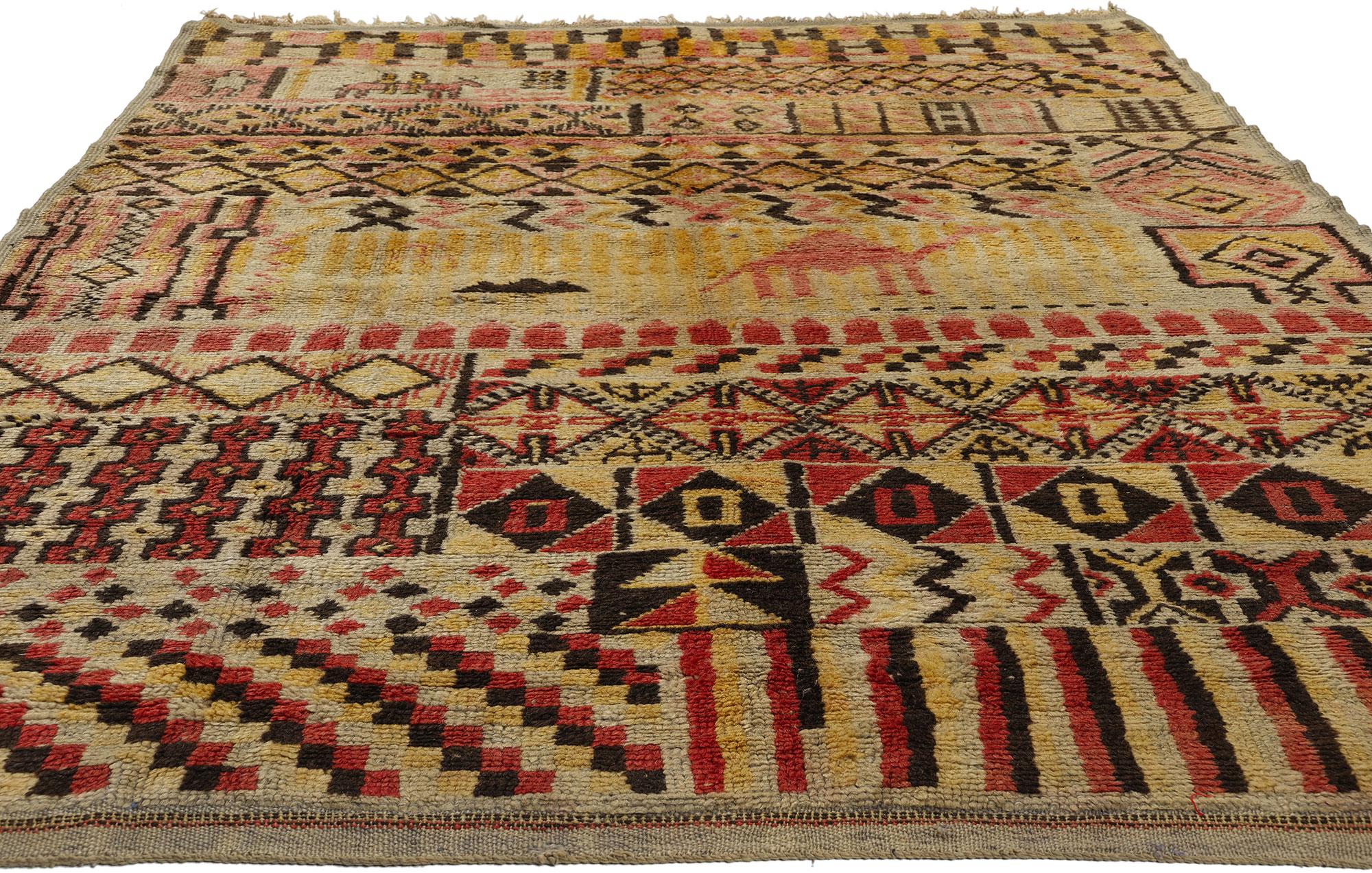 Tribal Vintage Boujad Moroccan Pictorial Rug with Rustic Earth-Tone Colors For Sale