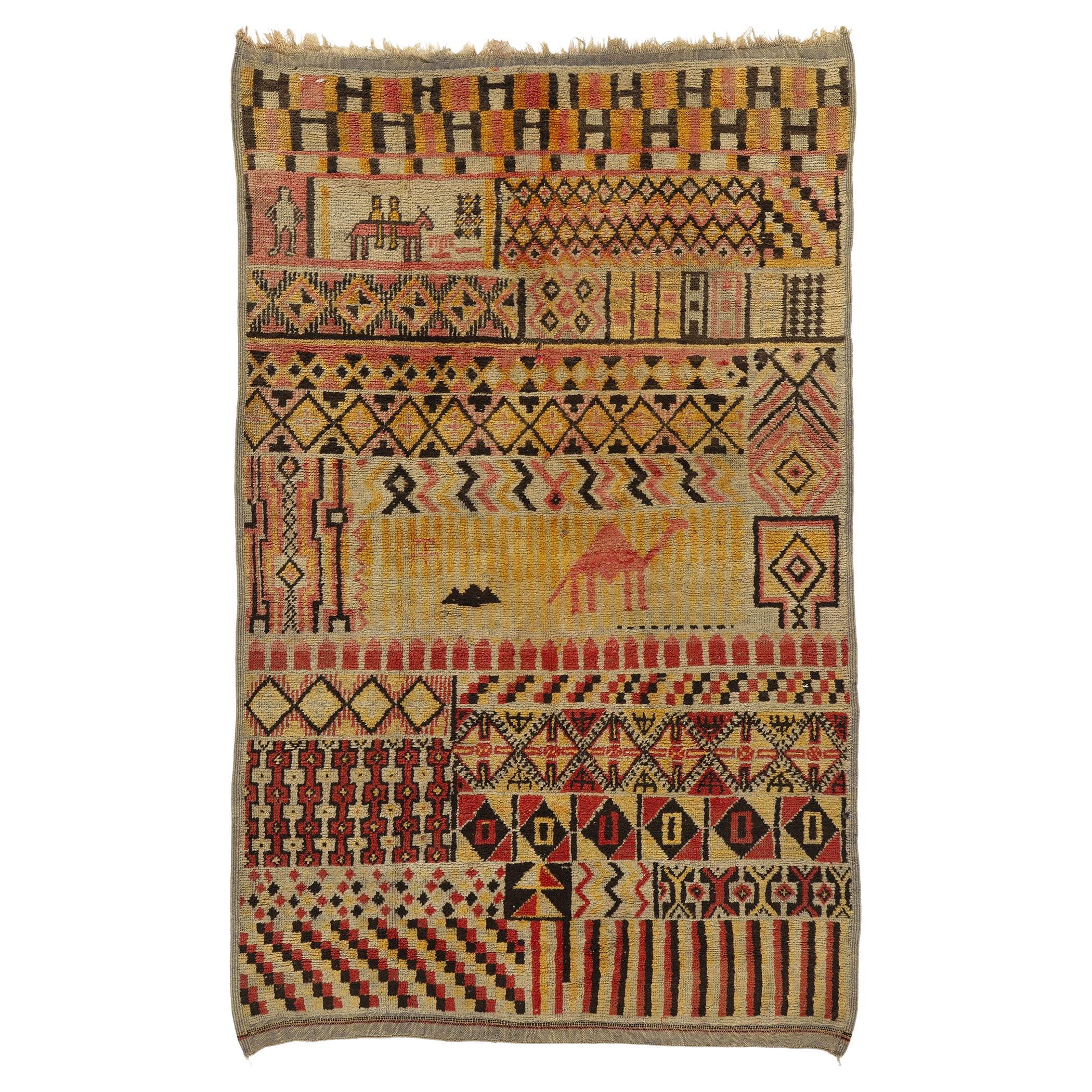Vintage Boujad Moroccan Pictorial Rug with Rustic Earth-Tone Colors For Sale