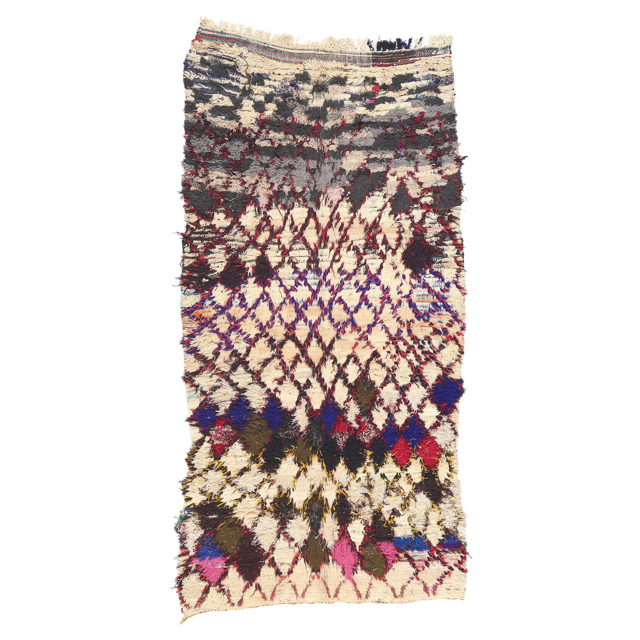 Vintage Boujad Moroccan Rag Rug, Bohemian Chic Meets Tribal Enchantment For Sale
