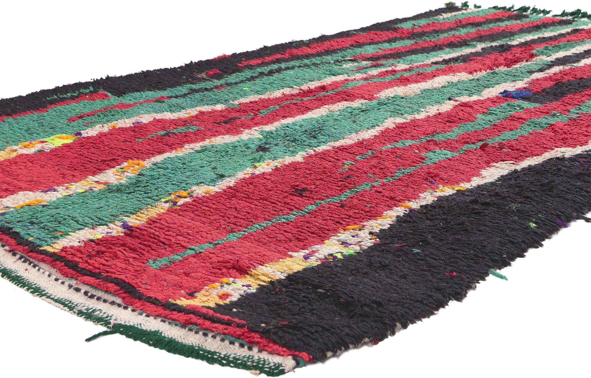 20065 Vintage Boujad Moroccan Rug, 04'02 X 07'06. Immerse yourself in the avant-garde allure of this hand-knotted wool Boujad Moroccan rug, a masterpiece of abstract expressionist style. Displaying a fearless, expressive design and lavish textures,