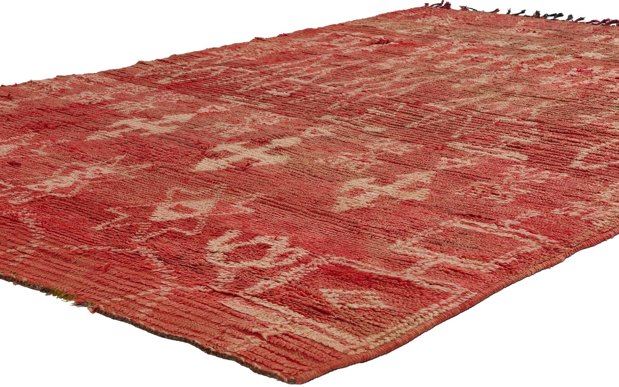 21814 Vintage Red Boujad Moroccan Rug, 05'00 x 07'06. Emerging from Morocco's Boujad region, Boujad rugs are exquisite handwoven masterpieces deeply rooted in the traditions of Berber tribes such as the Haouz and Rehamna. Vibrant and dynamic, these