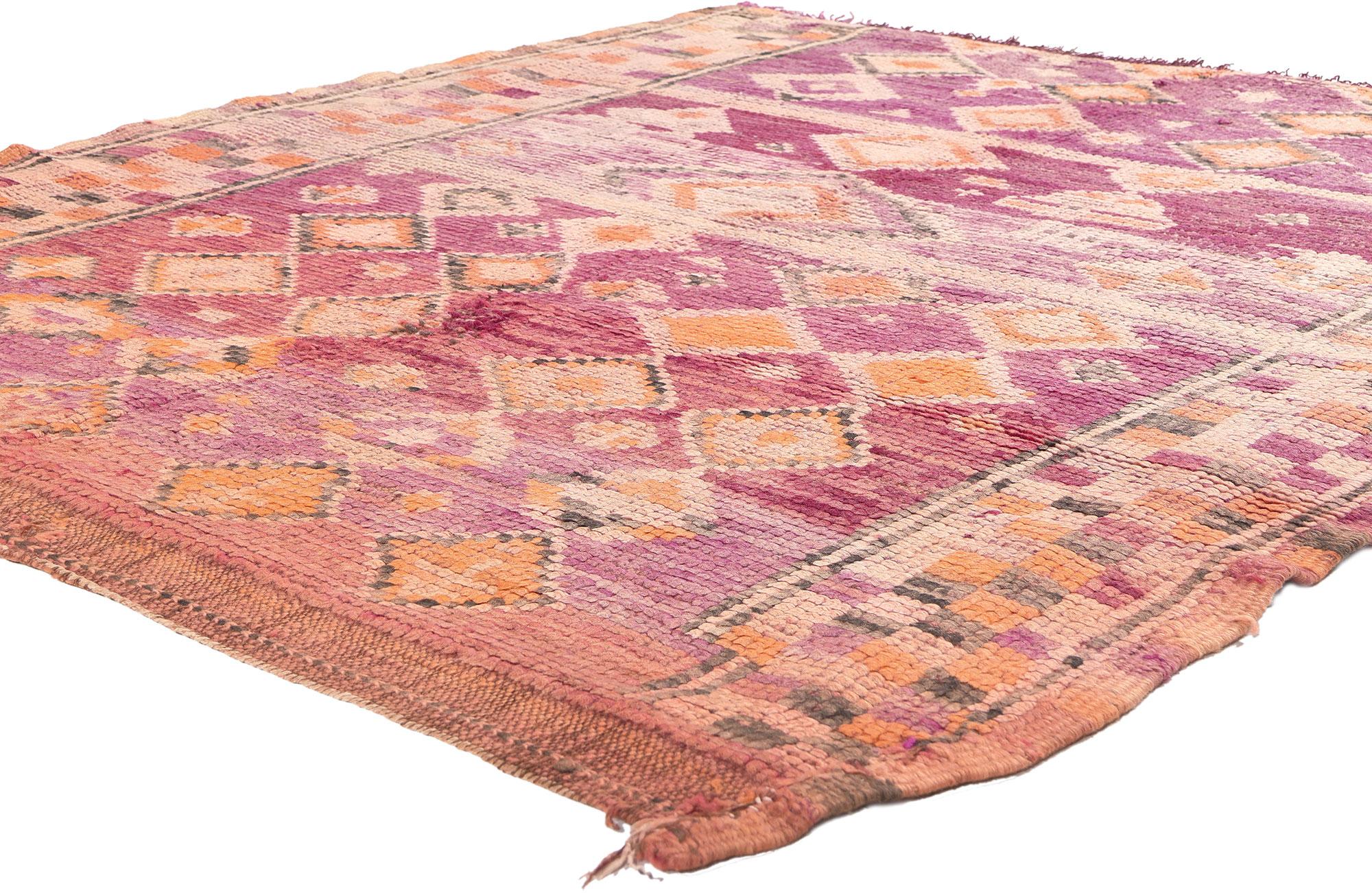 20479 Vintage Boujad Moroccan Rug, 05’05 x 05’10. 
In this hand-knotted wool vintage Boujad Moroccan rug, the essence of a cozy nomad converges with the vibrant rhythm of a bohemian rhapsody. The intrinsic diamond design and the Indian Summer color