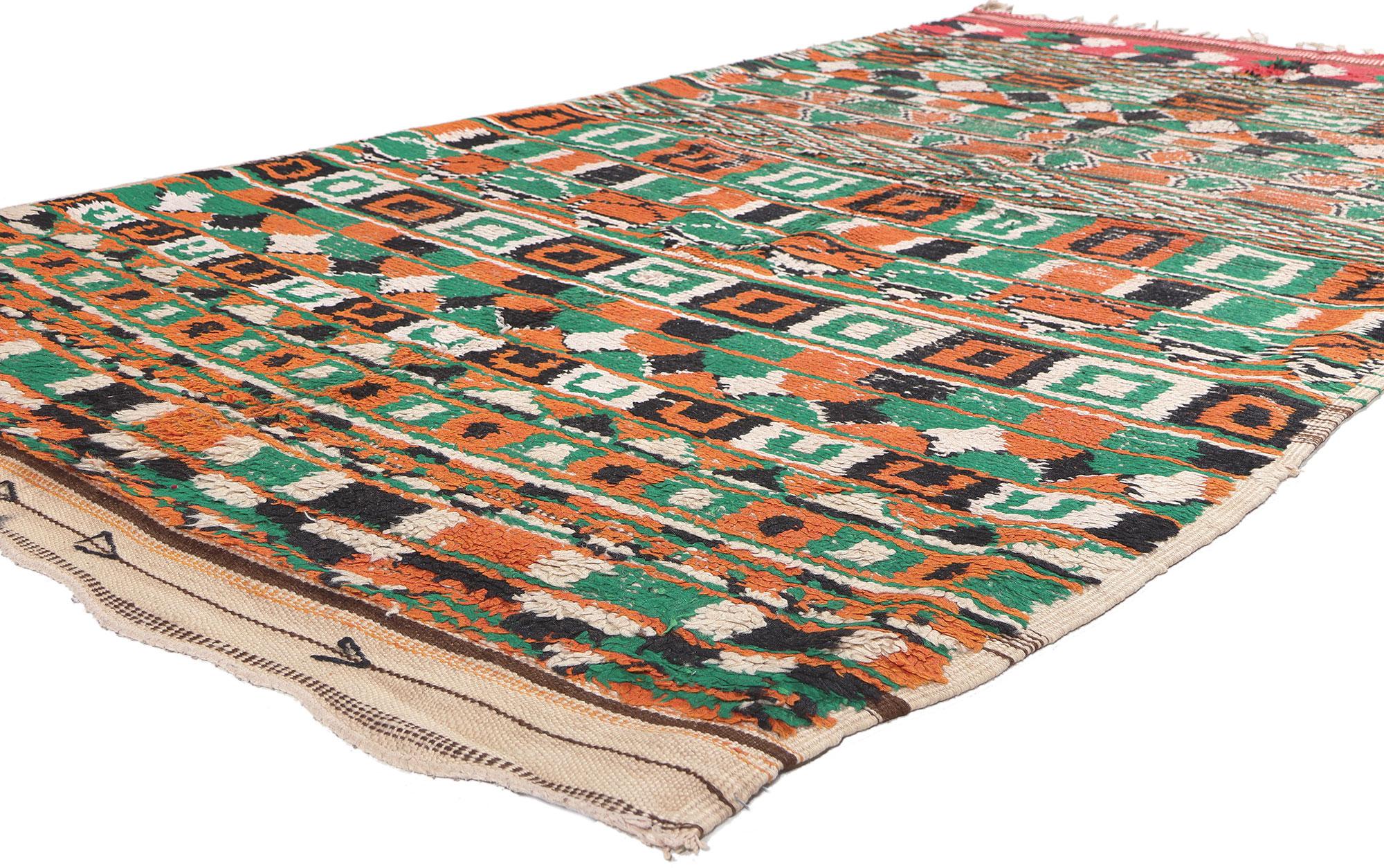 20059 Vintage Boujad Moroccan Rug, 04'08 x 08'04. Step into the dynamic fusion of Bauhaus style and nomadic charm embodied in this hand-knotted wool vintage Moroccan rug. A harmonious blend of visual complexity and lively earth-tone colors defines
