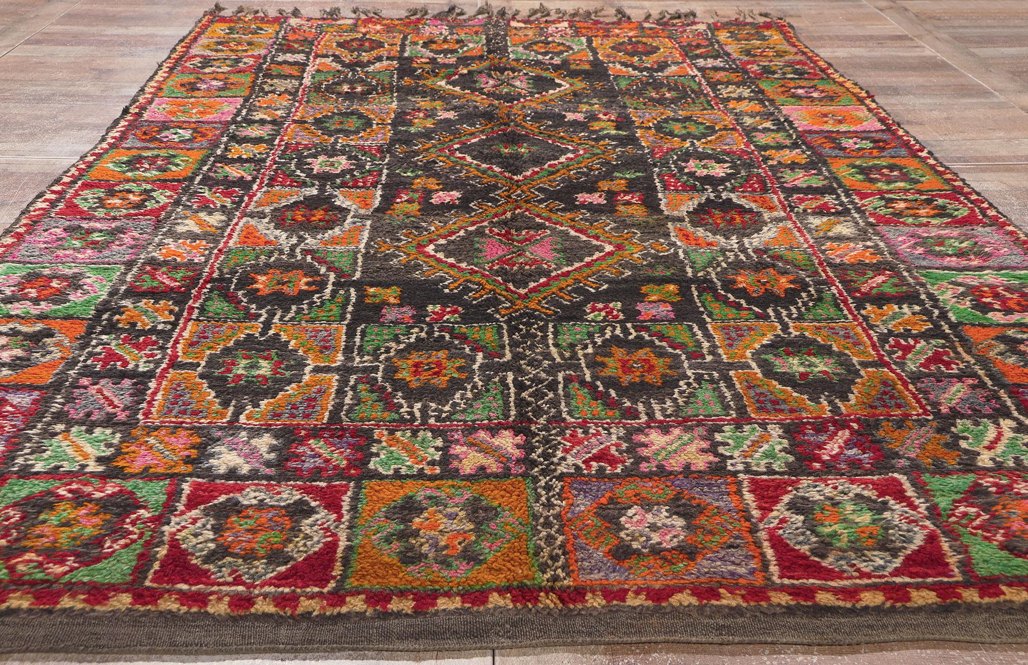 Wool Vintage Boujad Moroccan Rug, Eclectic Jungalow Meets Colorful Boho For Sale