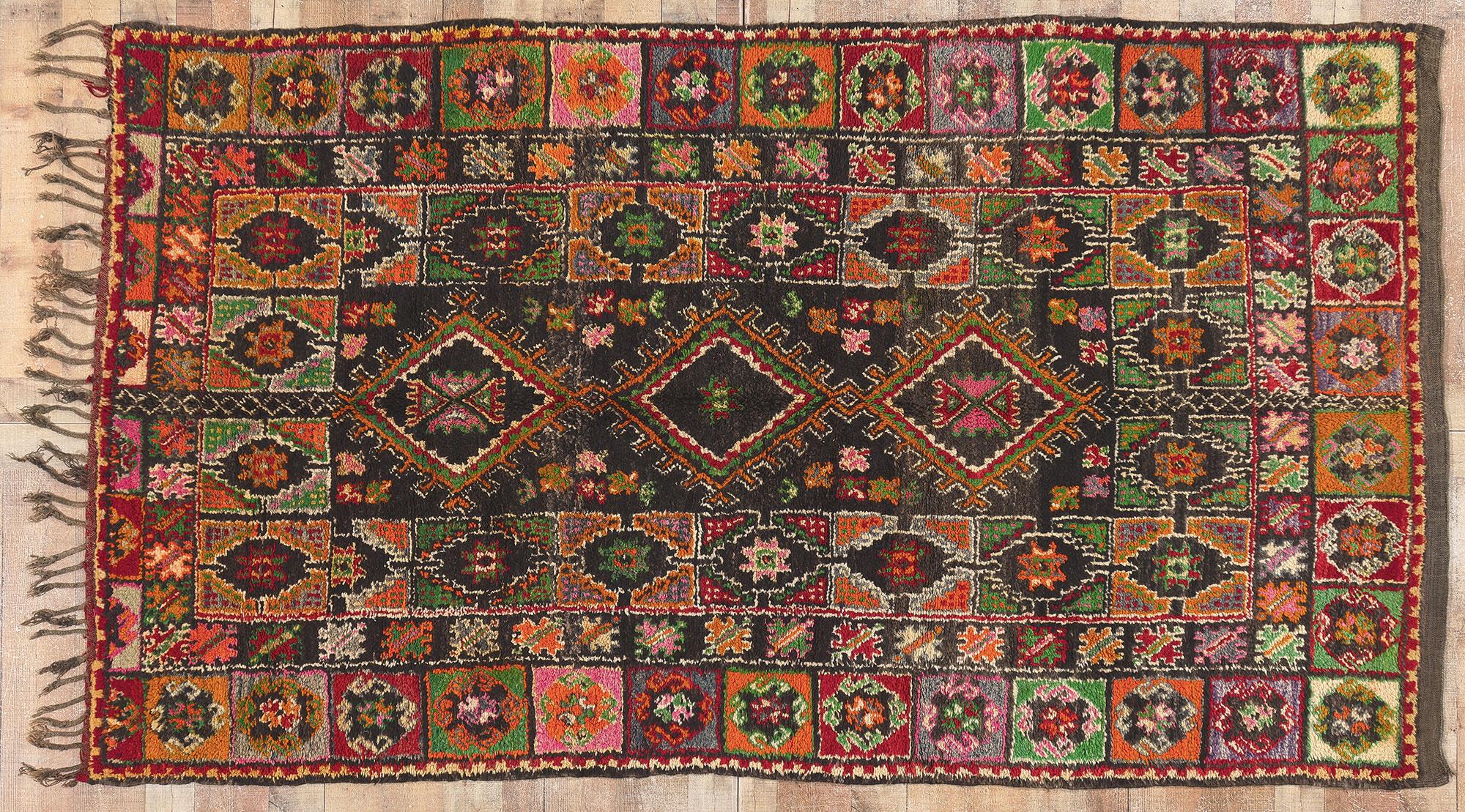 Vintage Boujad Moroccan Rug, Eclectic Jungalow Meets Colorful Boho For Sale 1