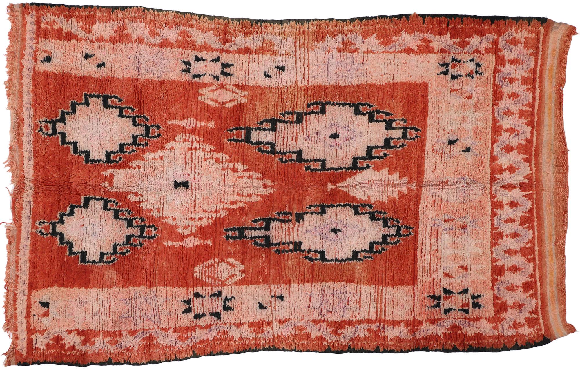 20777 Vintage Boujad Moroccan Rug, 05'04 x 08'06. Boujad rugs, originating from Morocco's Boujad region, are stunning handwoven creations showcasing the vibrant artistic traditions of Berber tribes, notably the Haouz and Rehamna. These rugs explode