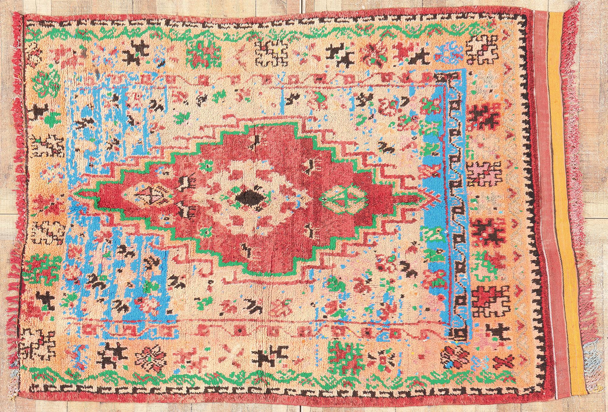 Vintage Boujad Moroccan Rug, Tribal Enchantment Meets Boho Chic Jungalow For Sale 1