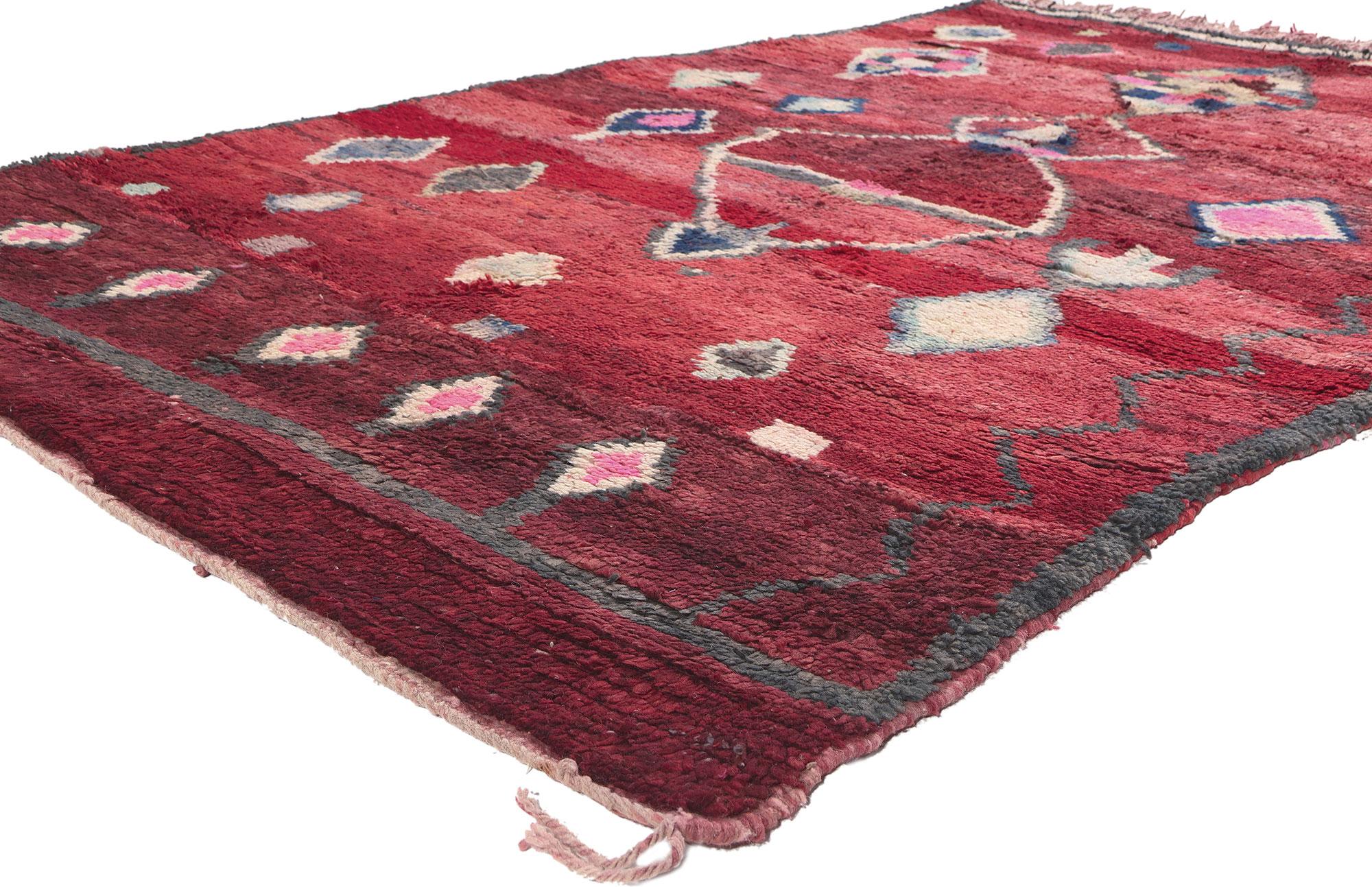 20278 Vintage Red Boujad Moroccan Rug with Tribal Style 05’01 x 08’00. 
Immerse yourself in the Boho Chic allure of Boujad rugs, originating from the city of Boujad in the Khouribga region, a historical pilgrimage center and once a bustling
