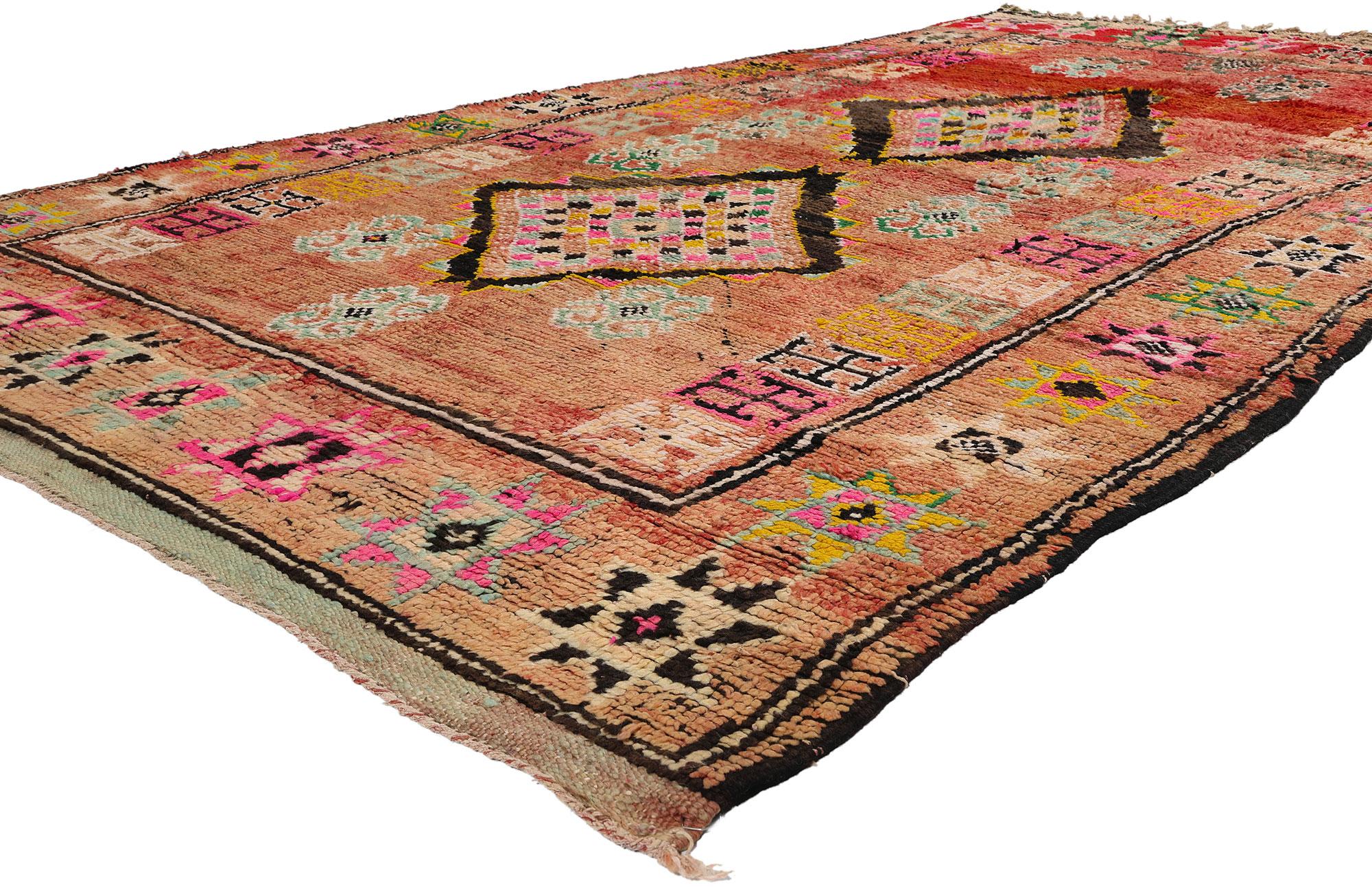 21747 Vintage Red Boujad Moroccan Rug, 05'05 x 09'01. Originating from Morocco's Boujad region, Boujad rugs encapsulate the vibrant artistic legacy of Berber tribes, notably the Haouz and Rehamna. These meticulously crafted rugs burst with a