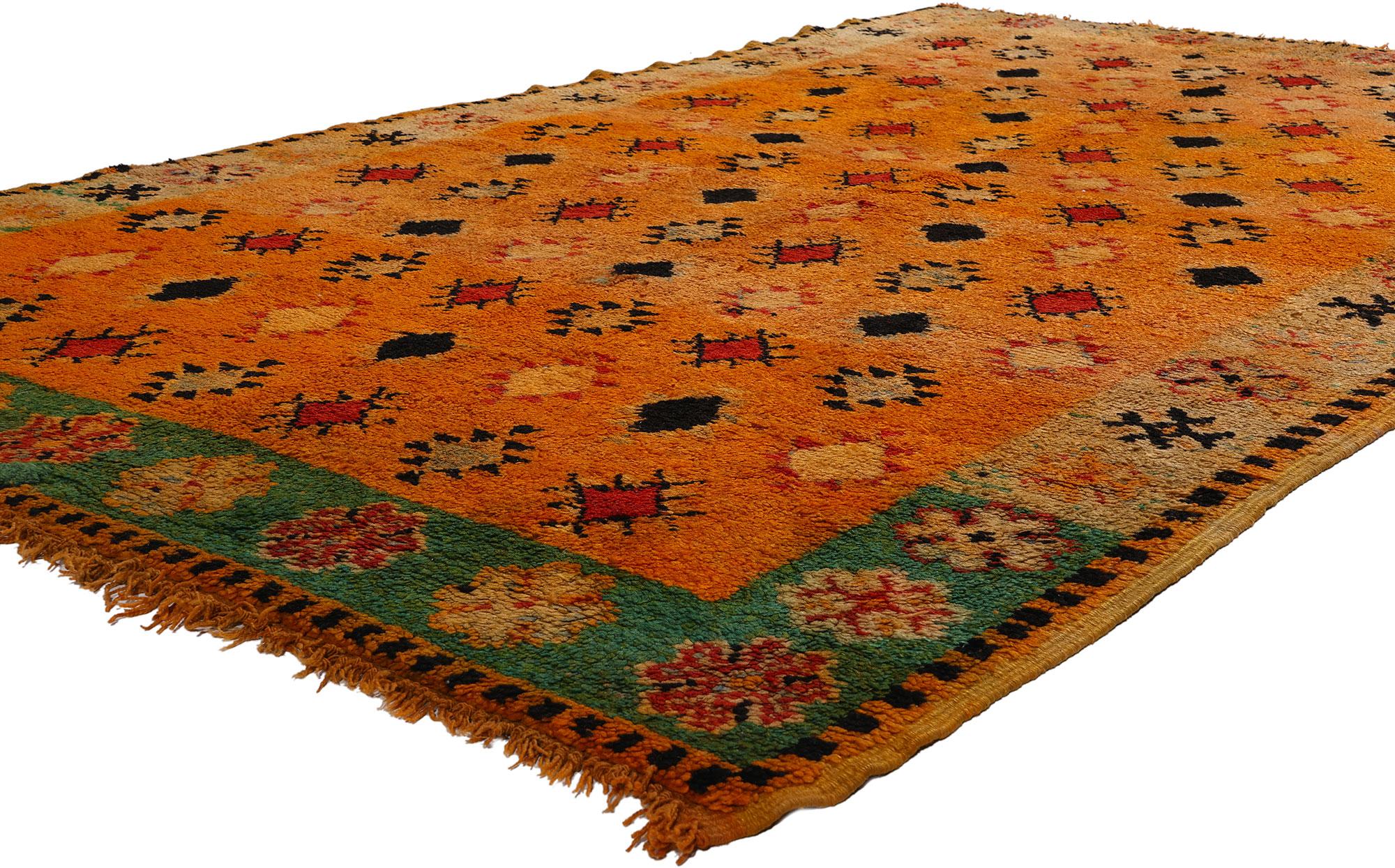 20173 Vintage Orange Boujad Moroccan Rug, 05'02 x 09'00. Step into the captivating world of Moroccan heritage with this hand-knotted wool vintage Boujad Moroccan rug. Crafted with meticulous care, its bold orange backdrop radiates warmth and
