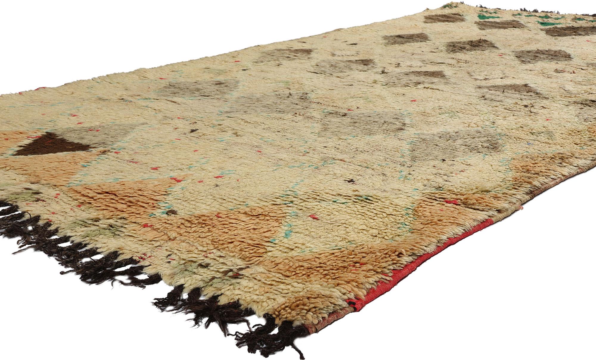 21729 Vintage Boujad Moroccan Rug, 04'08 x 08'08. ​Originating from Morocco's Boujad region, Boujad rugs transcend their utilitarian function to become exquisite handwoven masterpieces that embody the vibrant artistic legacy of Berber tribes,