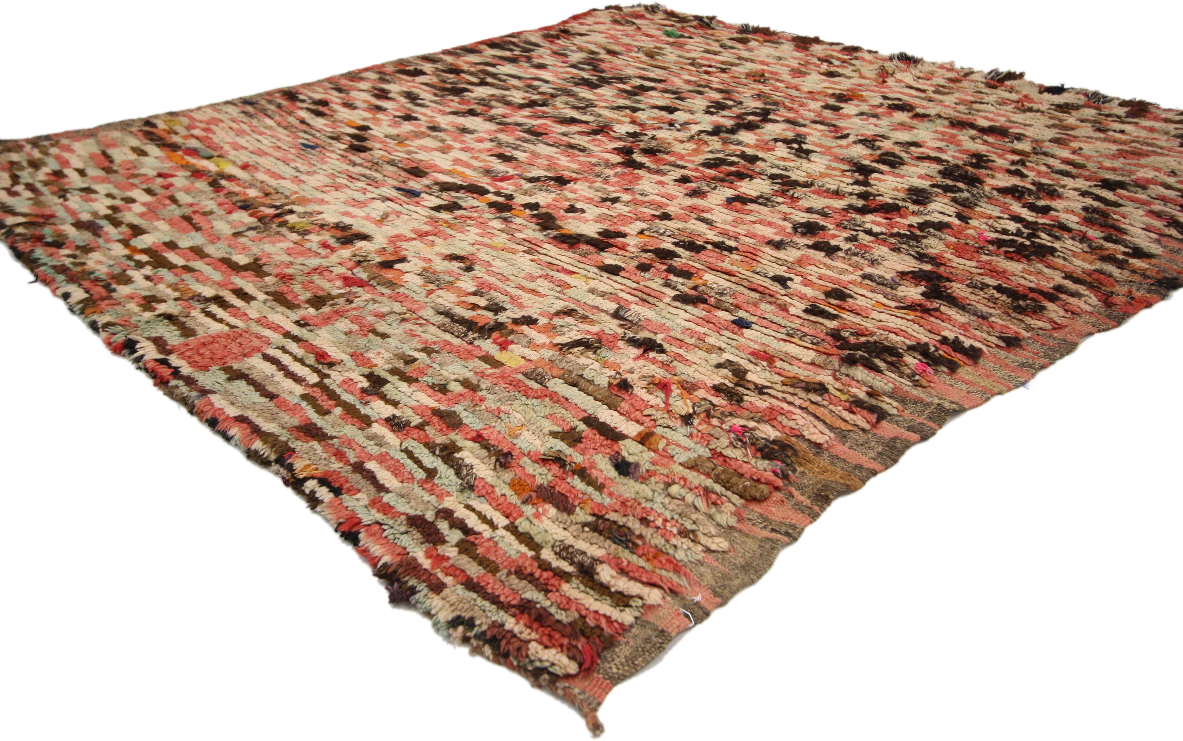 74171 Vintage Boujad Moroccan Rug, 05'07 x 06'00. In the enchanting realm of Morocco's vibrant Boujad region, nestled within the Middle Atlas Mountains, Boujad rugs emerge as meticulously handwoven masterpieces crafted by the Berber tribes, notably