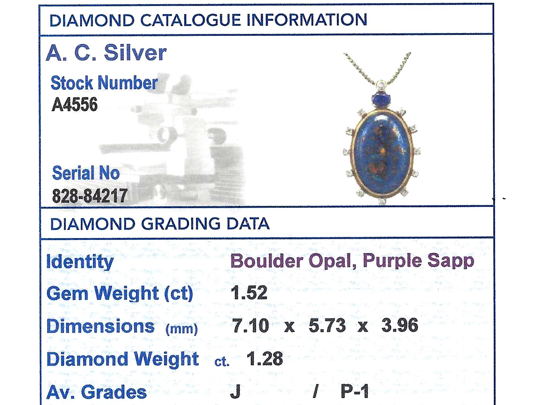 Vintage Boulder Opal, 1.52 Carat Sapphire and 1.28 Carat Diamond Pendant 3