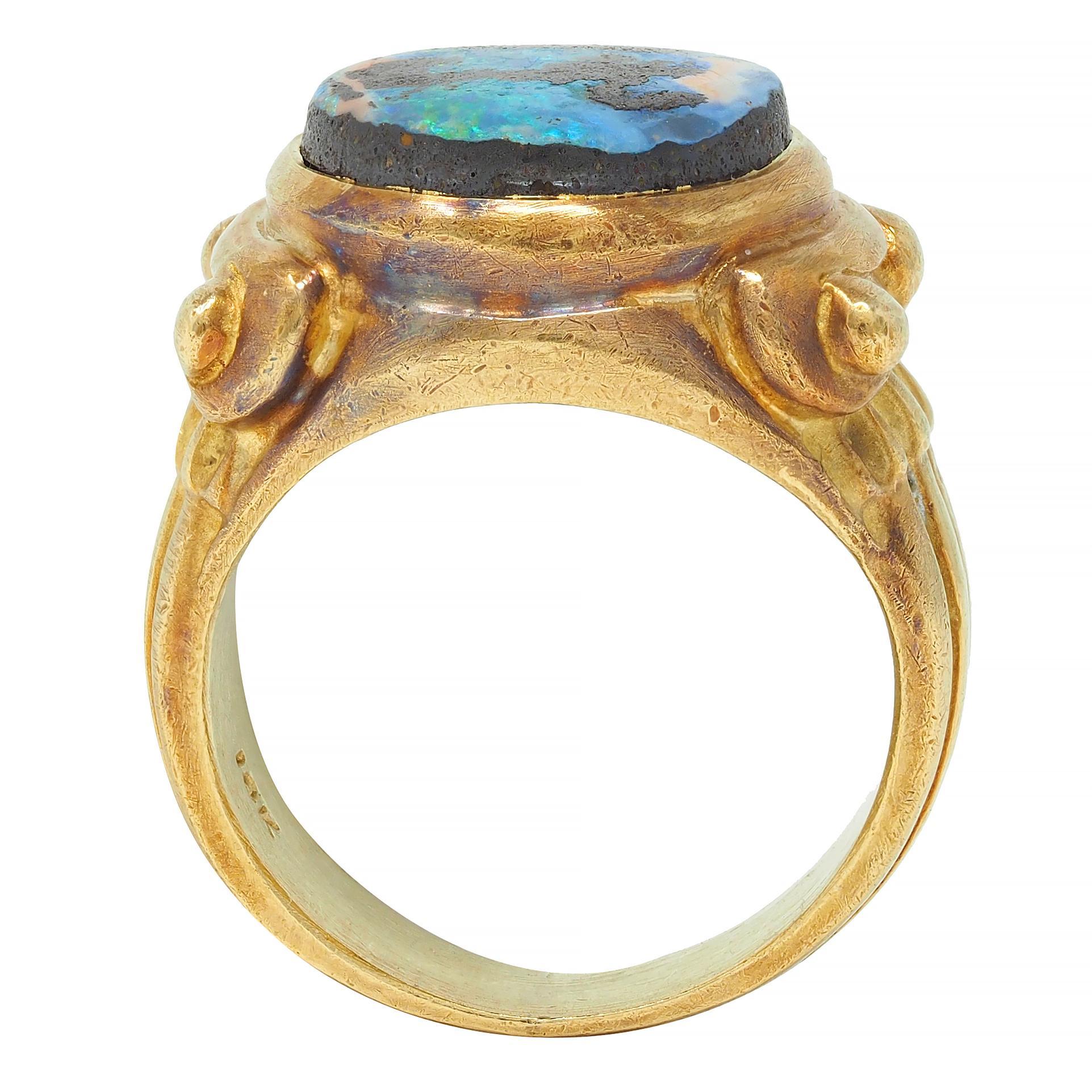 Vintage Boulder Opal 18 Karat Yellow Gold Neoclassical Greek Column Signet Ring For Sale 6