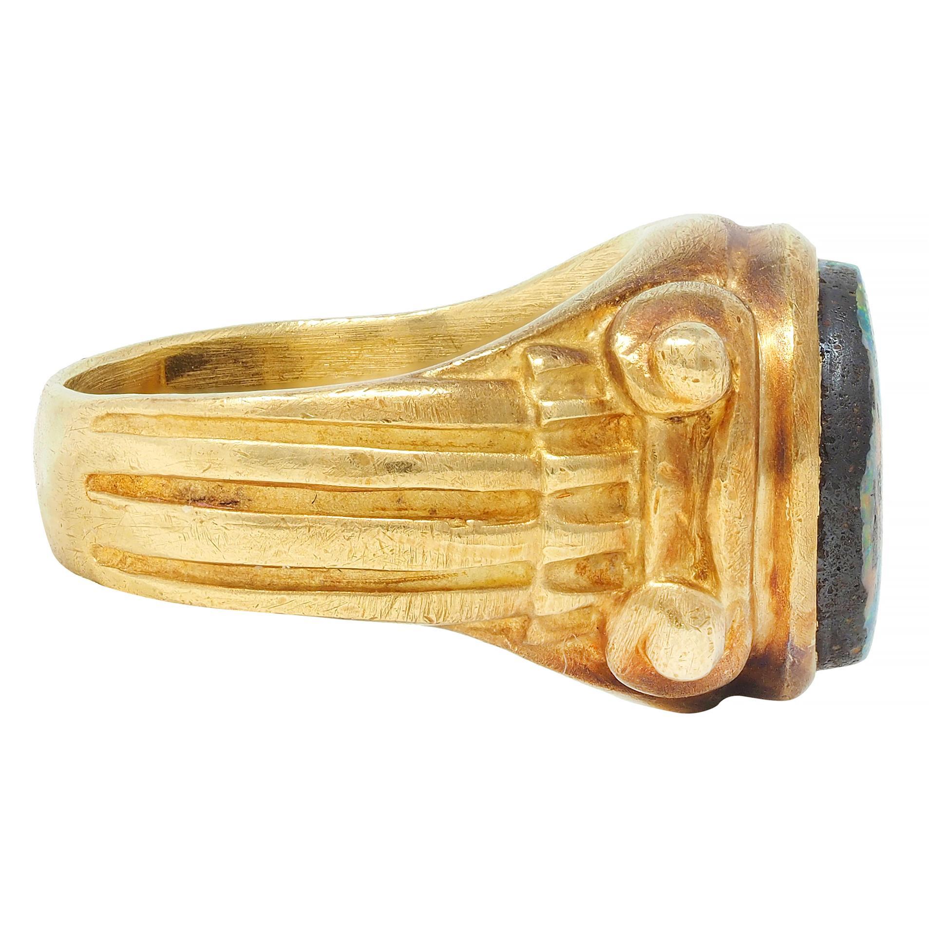 Women's or Men's Vintage Boulder Opal 18 Karat Yellow Gold Neoclassical Greek Column Signet Ring For Sale