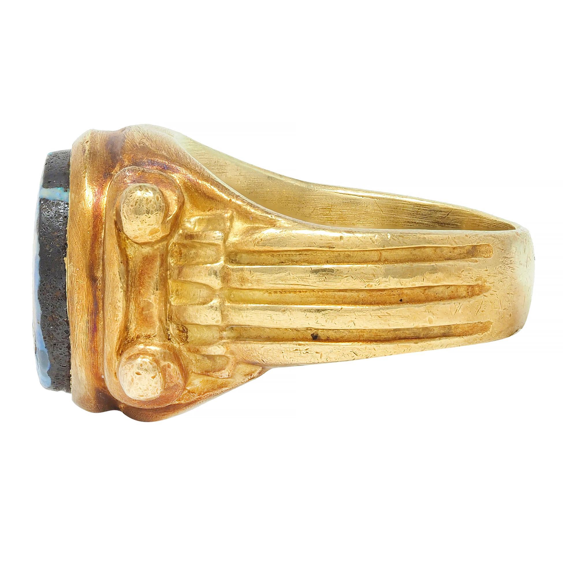 Vintage Boulder Opal 18 Karat Yellow Gold Neoclassical Greek Column Signet Ring For Sale 1