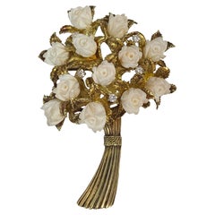 Vintage Bouquet Brooch in 14k Yellow Gold with Corals