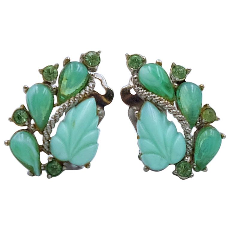 Vintage Bousseau Green Plastic Leaf Ornament Earrings 1950's