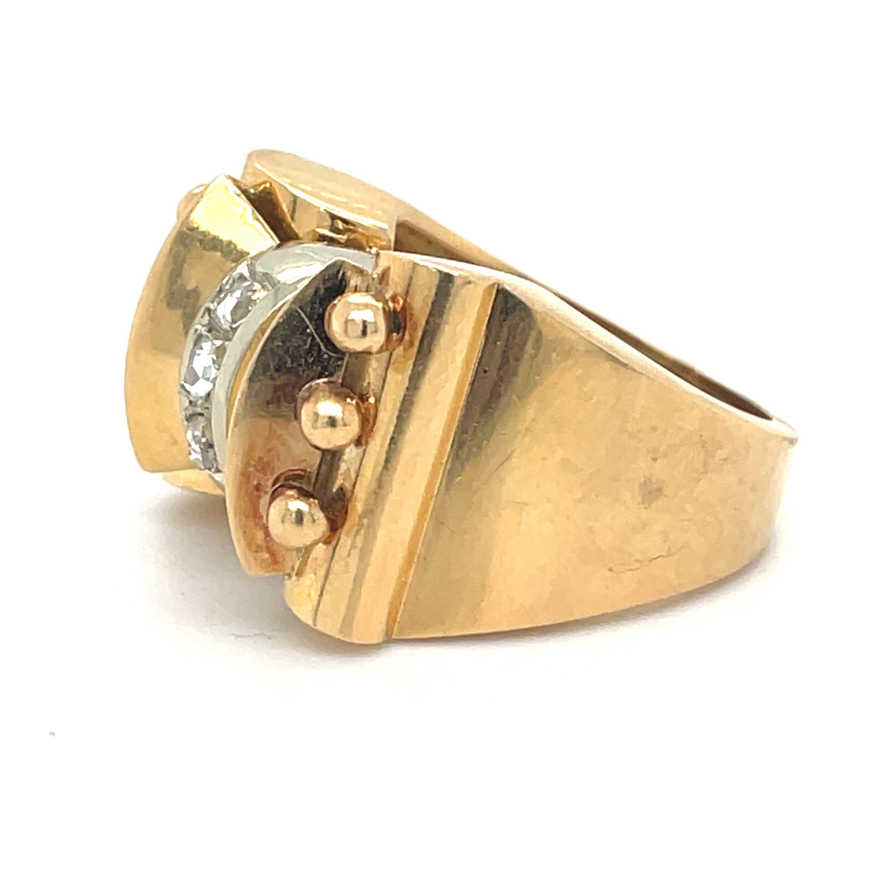 Post-War Vintage Bow Tank Ring, 0.18CT Antique Rose Cut Natural Diamond, 18k Gold Chunky For Sale