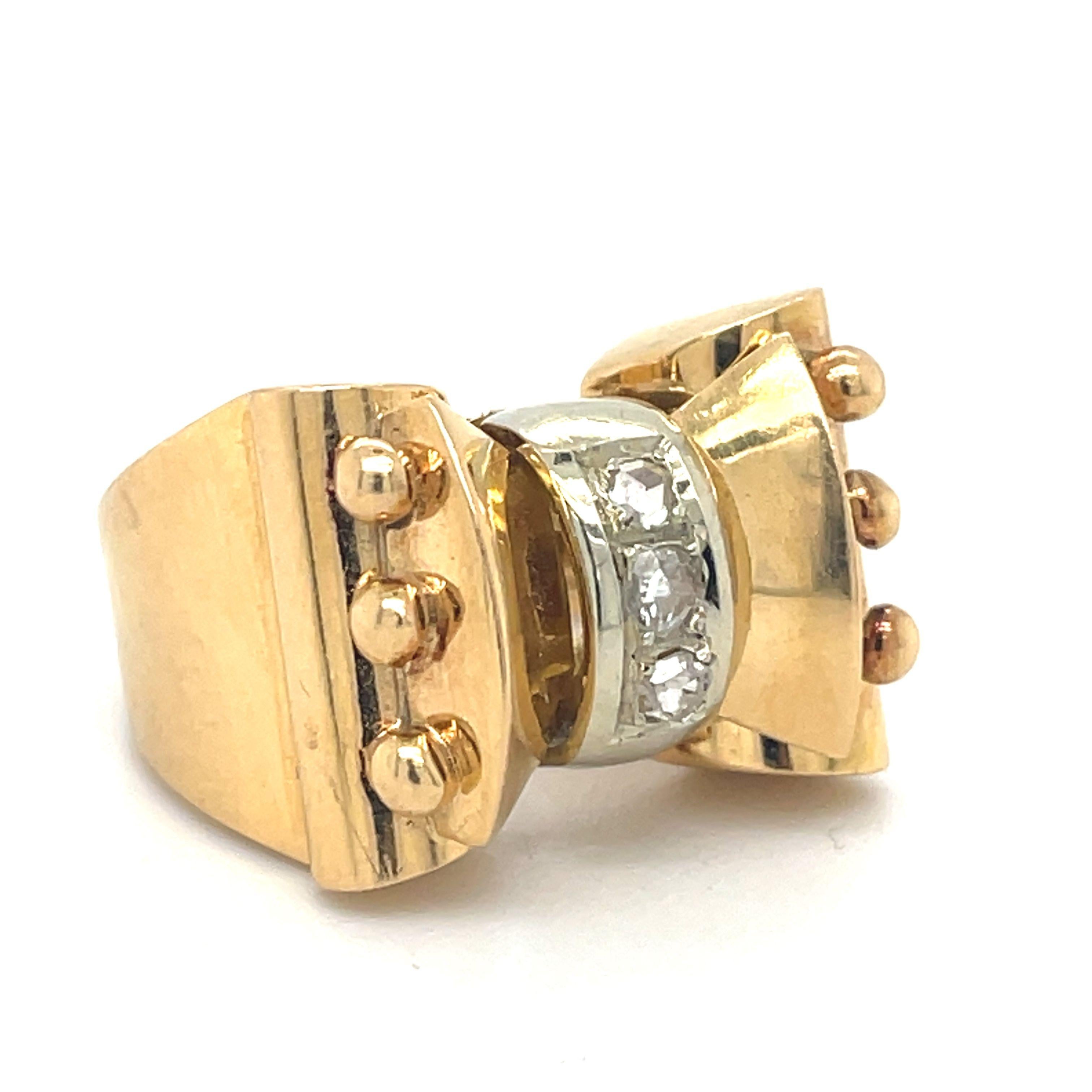 Vintage Bow Tank Ring, 0.18CT Antique Rose Cut Natural Diamond, 18k Gold Chunky For Sale 2
