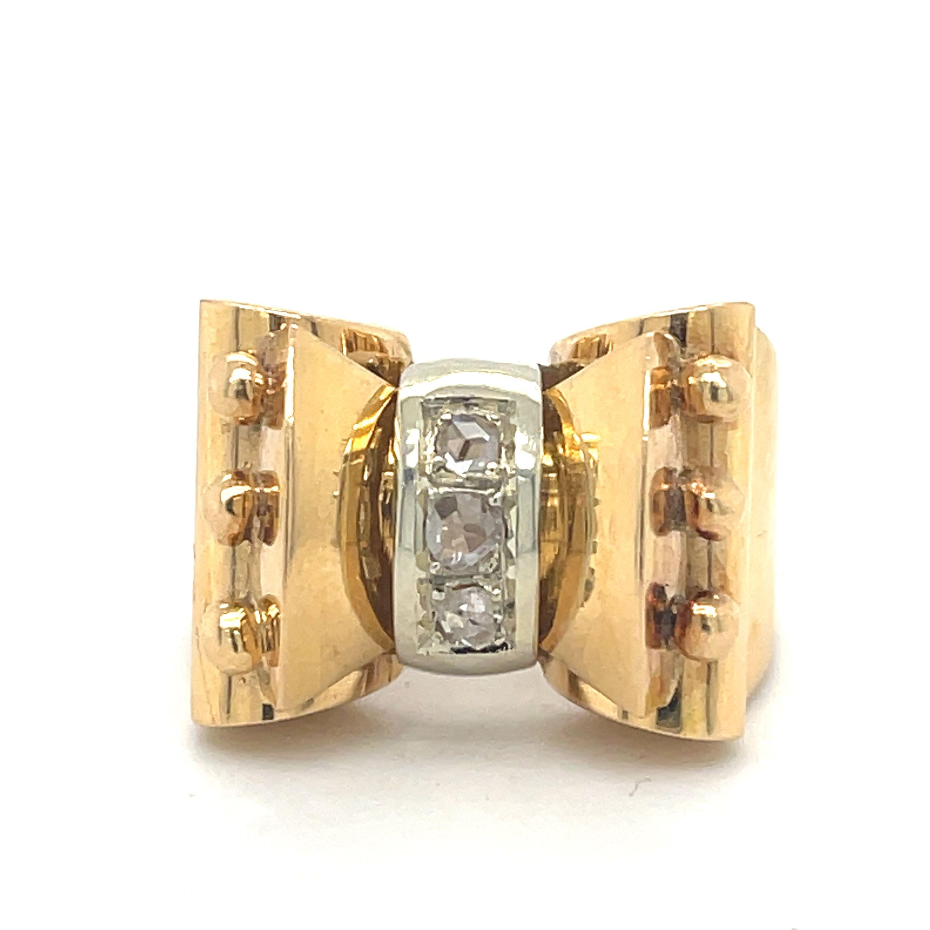 Vintage Bow Tank Ring, 0.18CT Antique Rose Cut Natural Diamond, 18k Gold Chunky For Sale 3