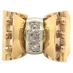 Vintage Bow Tank Ring, 0.18CT Antique Rose Cut Natural Diamond, 18k Gold Chunky