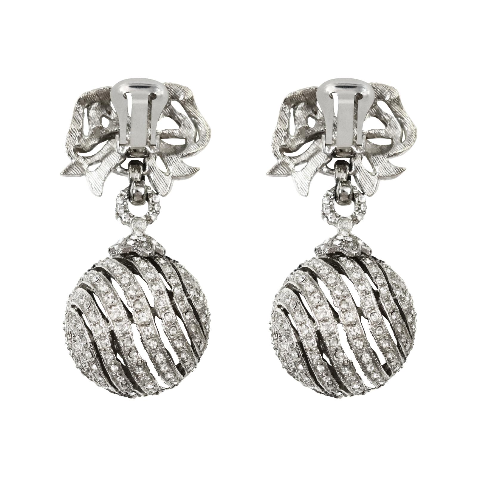 Vintage Bow with Ball Pave Dangling Earrings Circa 1990s For Sale 1